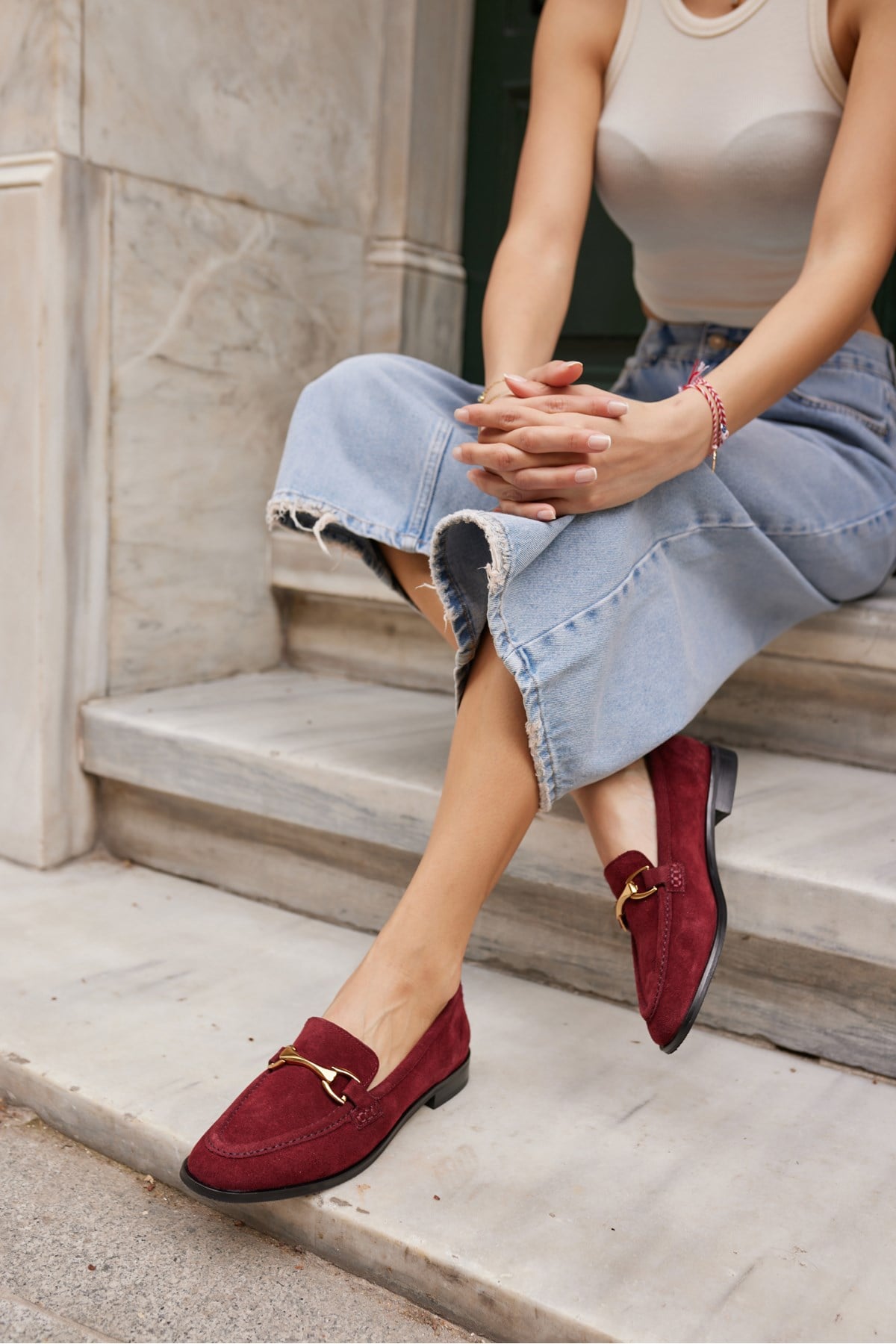 RUSH KADIN BORDO GERCEK SUET TOKA DETAY LOAFER AYAKKABİ