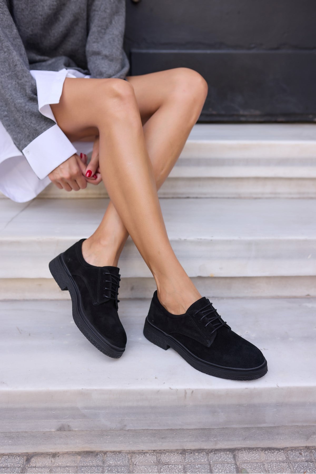 LECH KADIN SİYAH GERCEK SUET BAGCIKLI OXFORD LOAFER AYAKKABİ