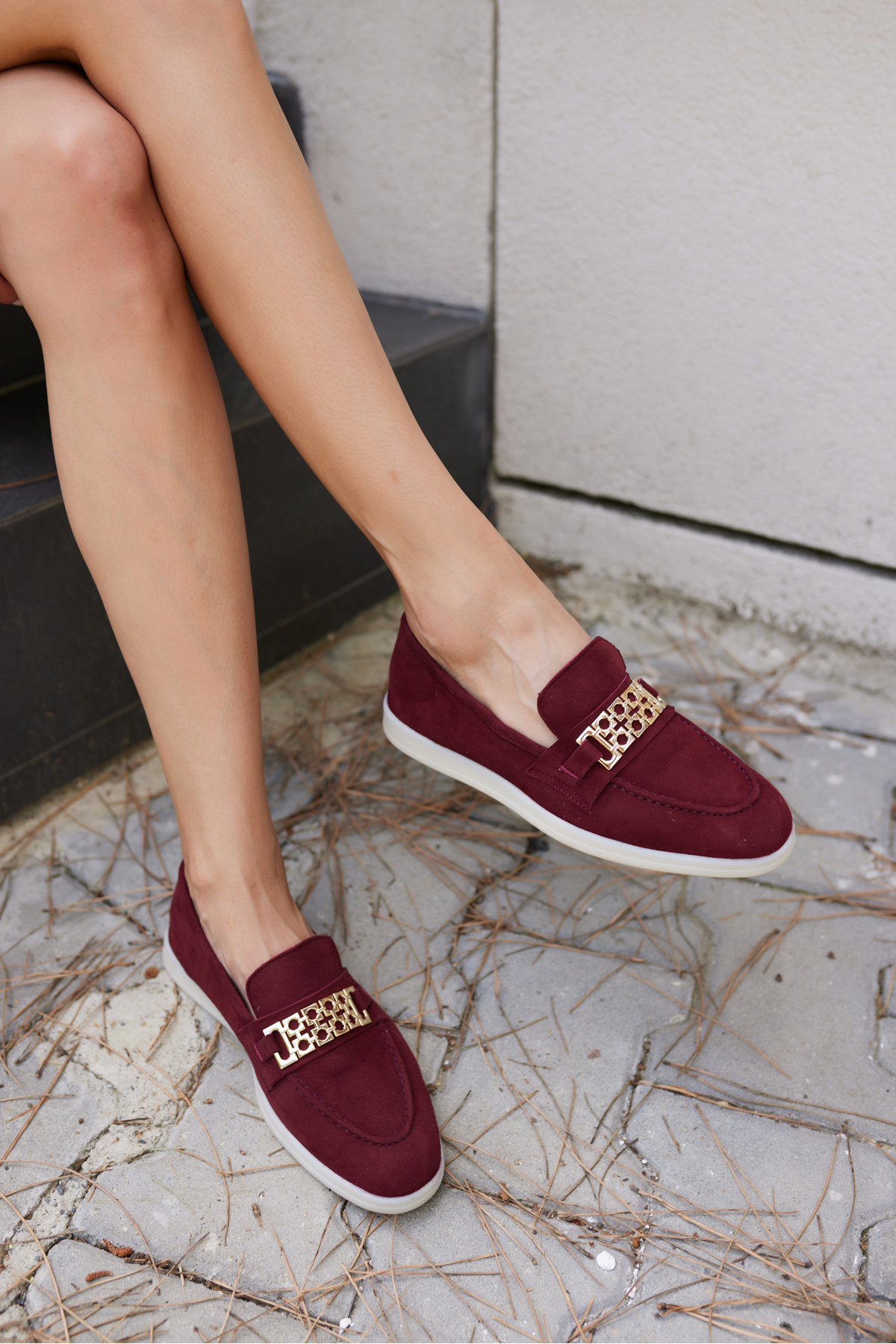 TUAMİ KADIN BORDO GERCEK SUET TOKALI LOAFER AYAKKABİ