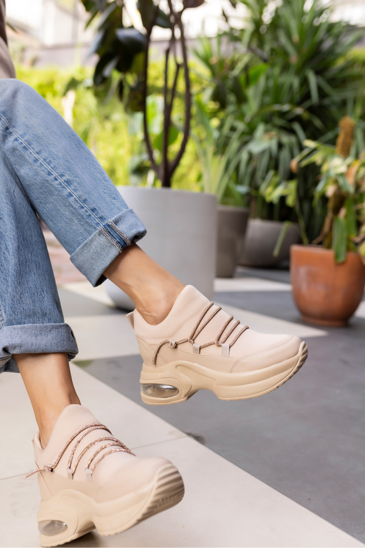 AİRLU KADIN BEJ TAŞLİ GIZLI TOPUKLU SNEAKER