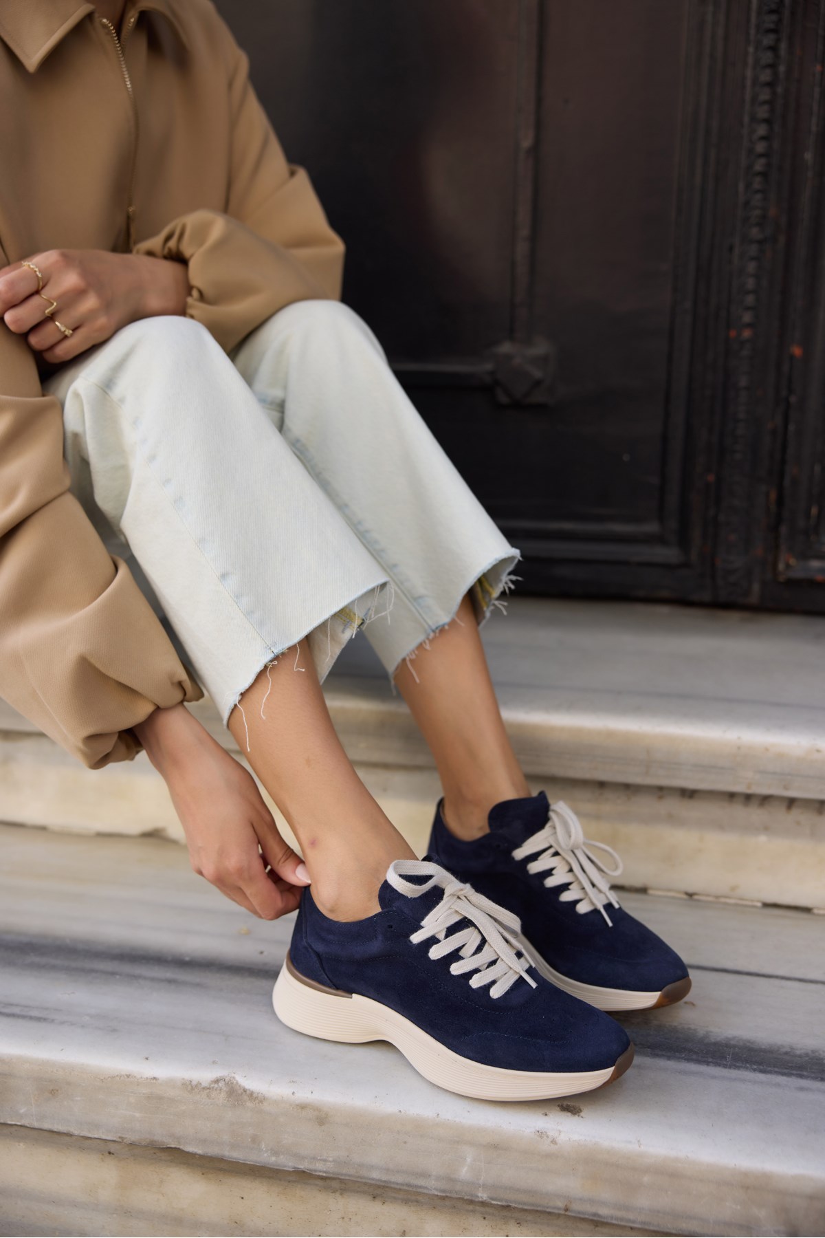 SANTO KADIN LACIVERT GERCEK DERI SUET BAGCIKLI SNEAKER