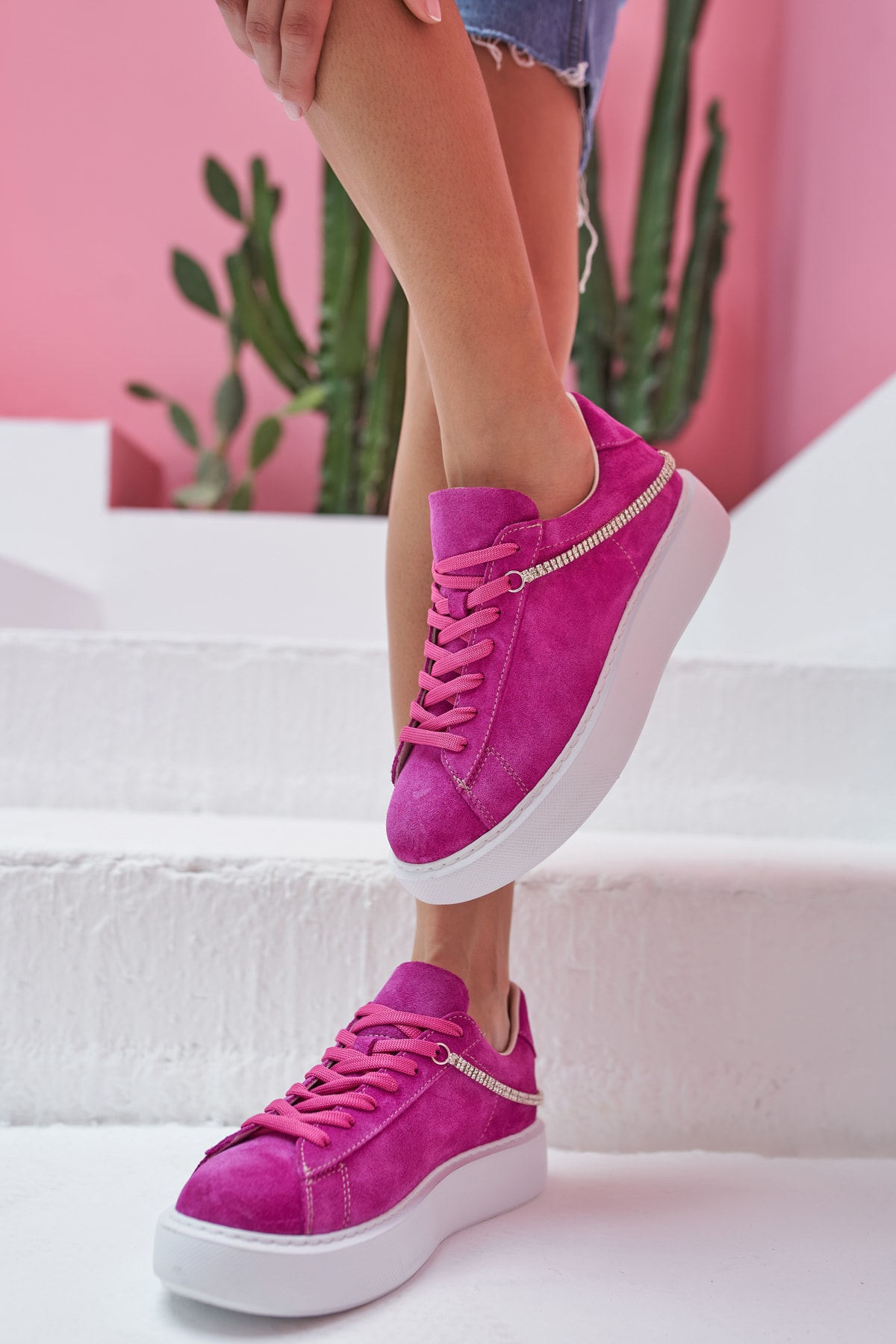 Polinas Kadin Camel Taş Detay Gercek Deri Suet Sneaker