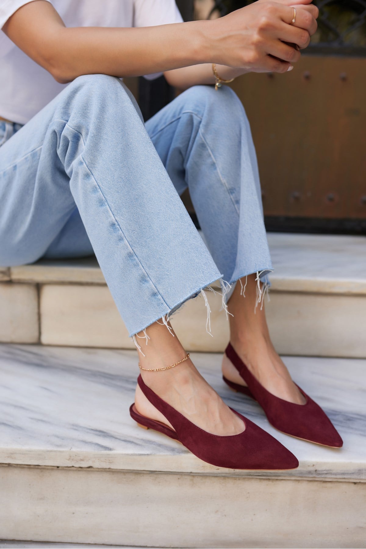 VERA KADIN BORDO GERCEK SUET MINI TOPUKLU SLINGBACK AYAKKABİ