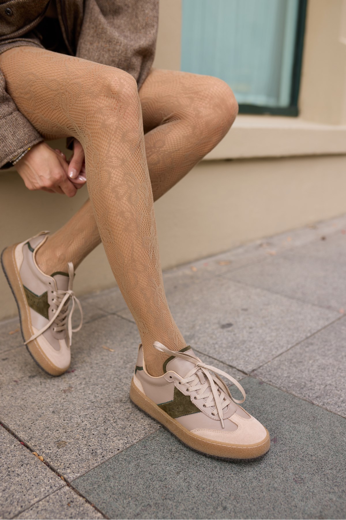 CORİA KADIN BEJ YEŞİL GARNILI GERCEK DERİ BAGCIKLI SNEAKER