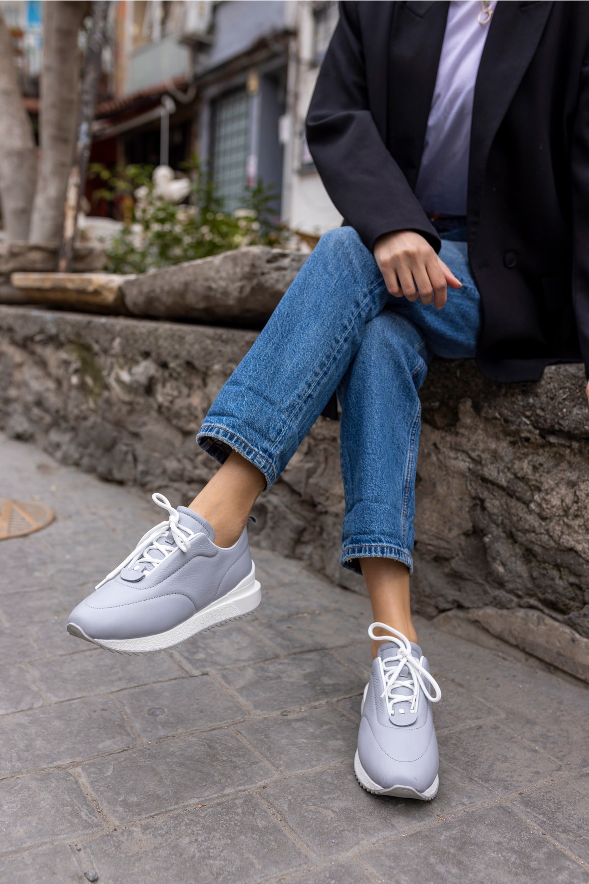 Tobias Kadin Gri Gercek Deri Puff Detay Sneaker