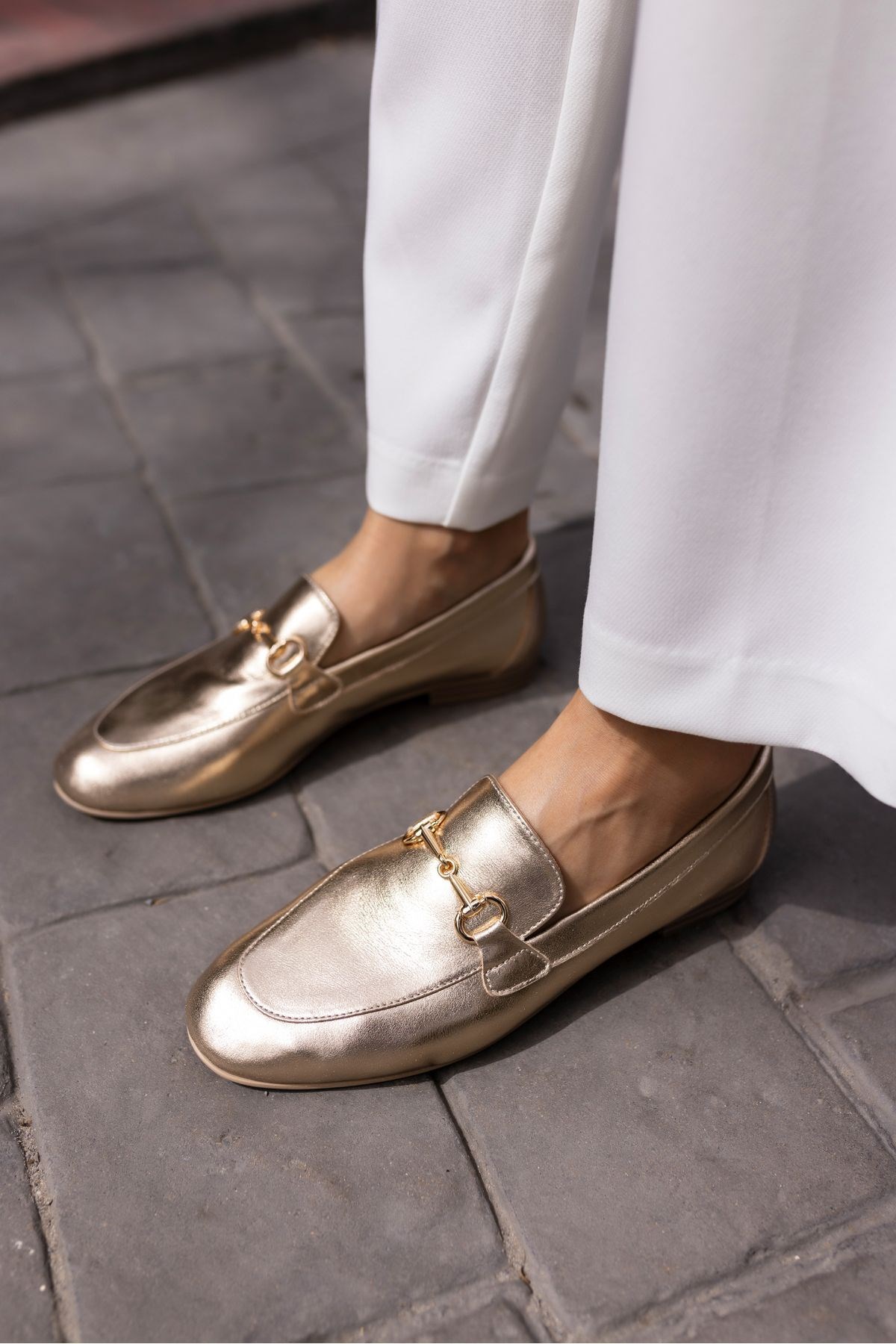 GEOLA KADIN ALTIN GOLD GERCEK DERİ LOAFER BABET