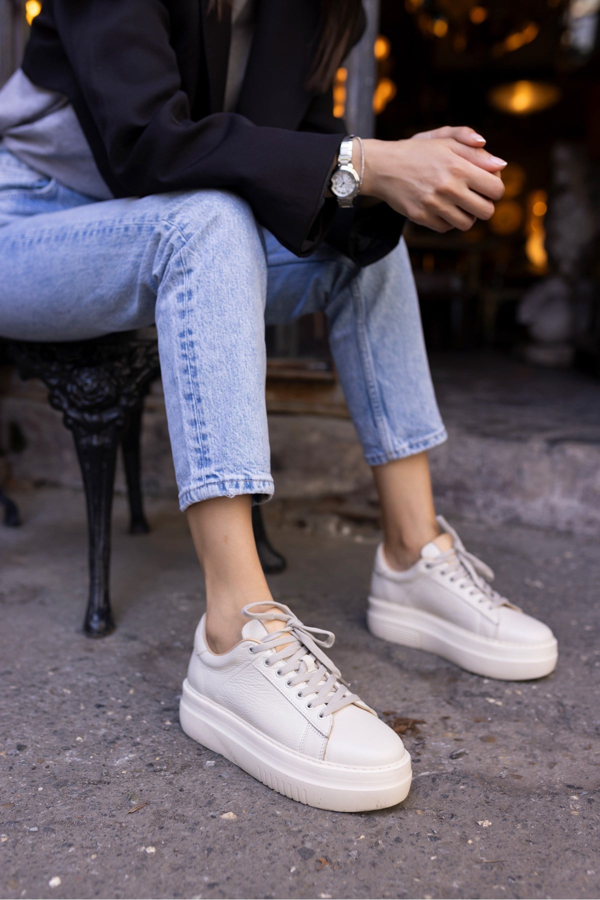 ROLD KADIN BEJ GERCEK DERİ SNEAKER