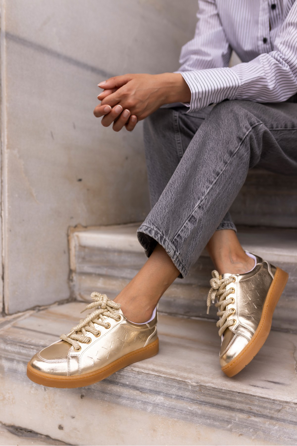 Fuedi Kadın Gold Altın Hasir Örgü Ip Tarzi Sneaker