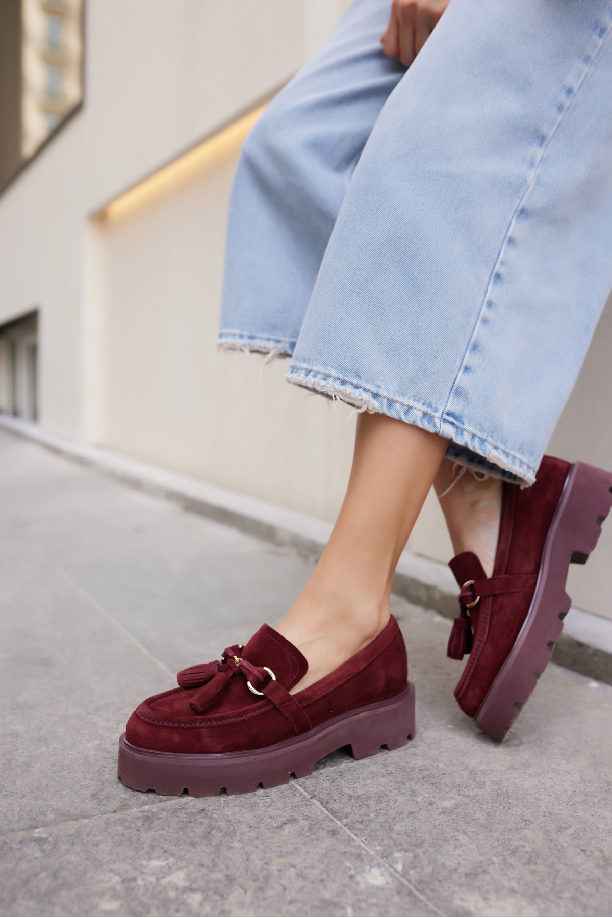 GRAY KADIN BORDO GERCEK SUET PUSKUL DETAY EVA TABAN LOAFER AYAKKABİ