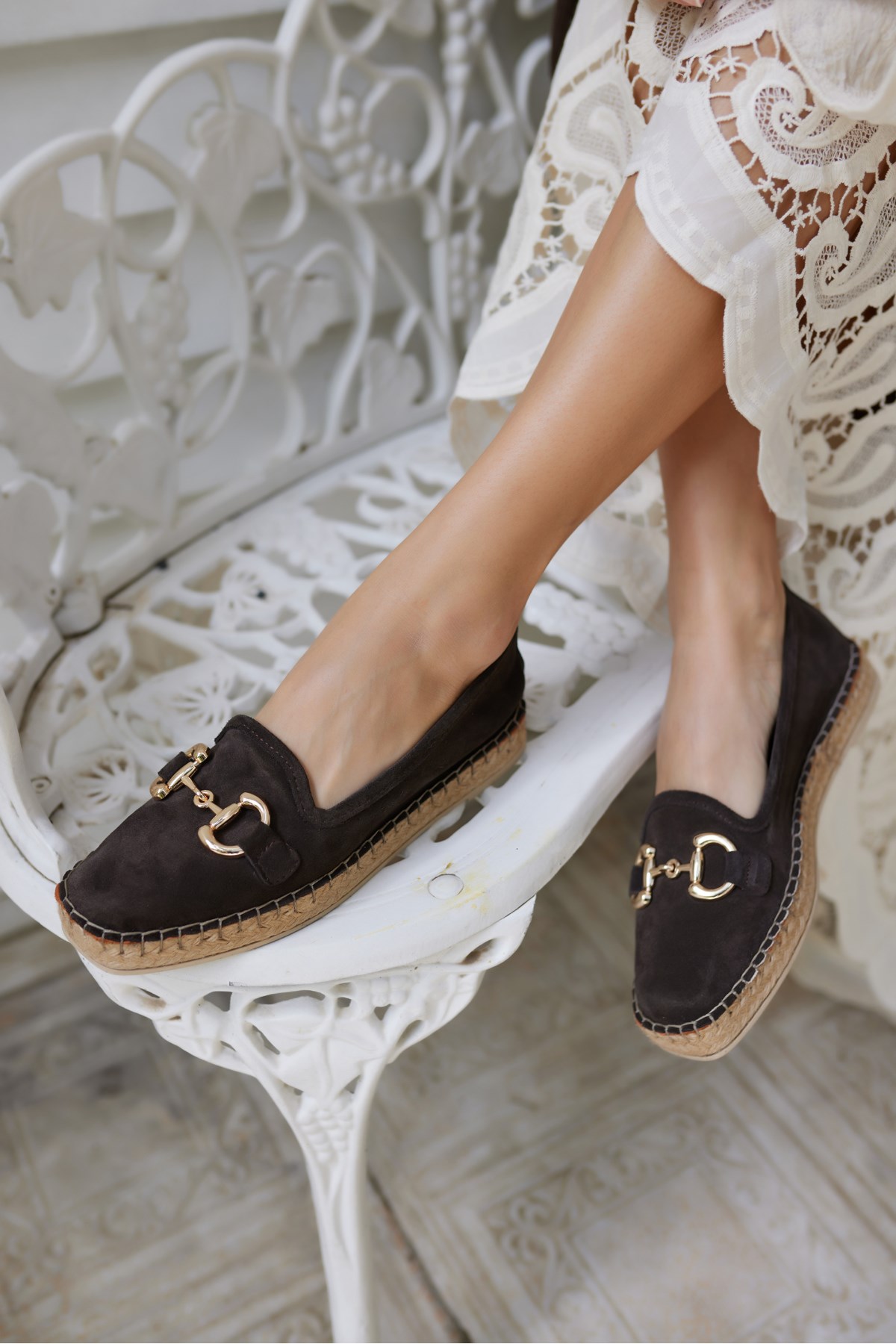 NAZSA KADIN KAHVERENGİ SÜET TOKALI ESPADRIL TABAN LOAFER AYAKKABİ