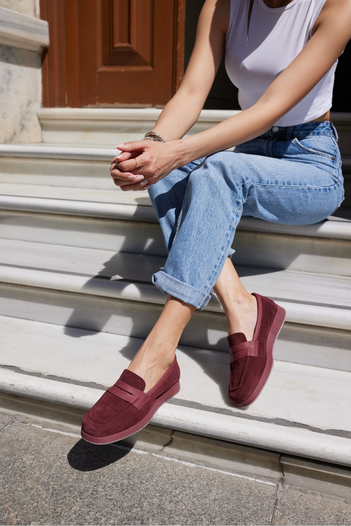 MONTİ KADIN BORDO GERCEK SUET LOAFER AYAKKABİ