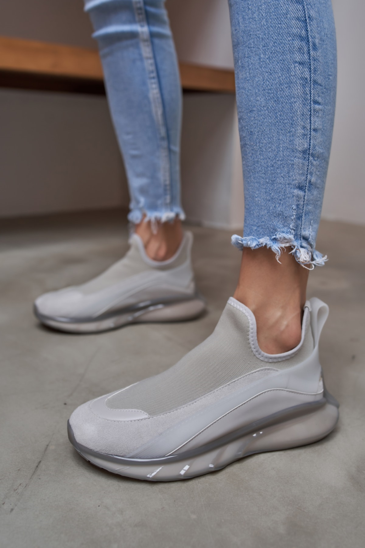 Kadın Gri Air taban Detay Trıko Sneakers Ayakkabı