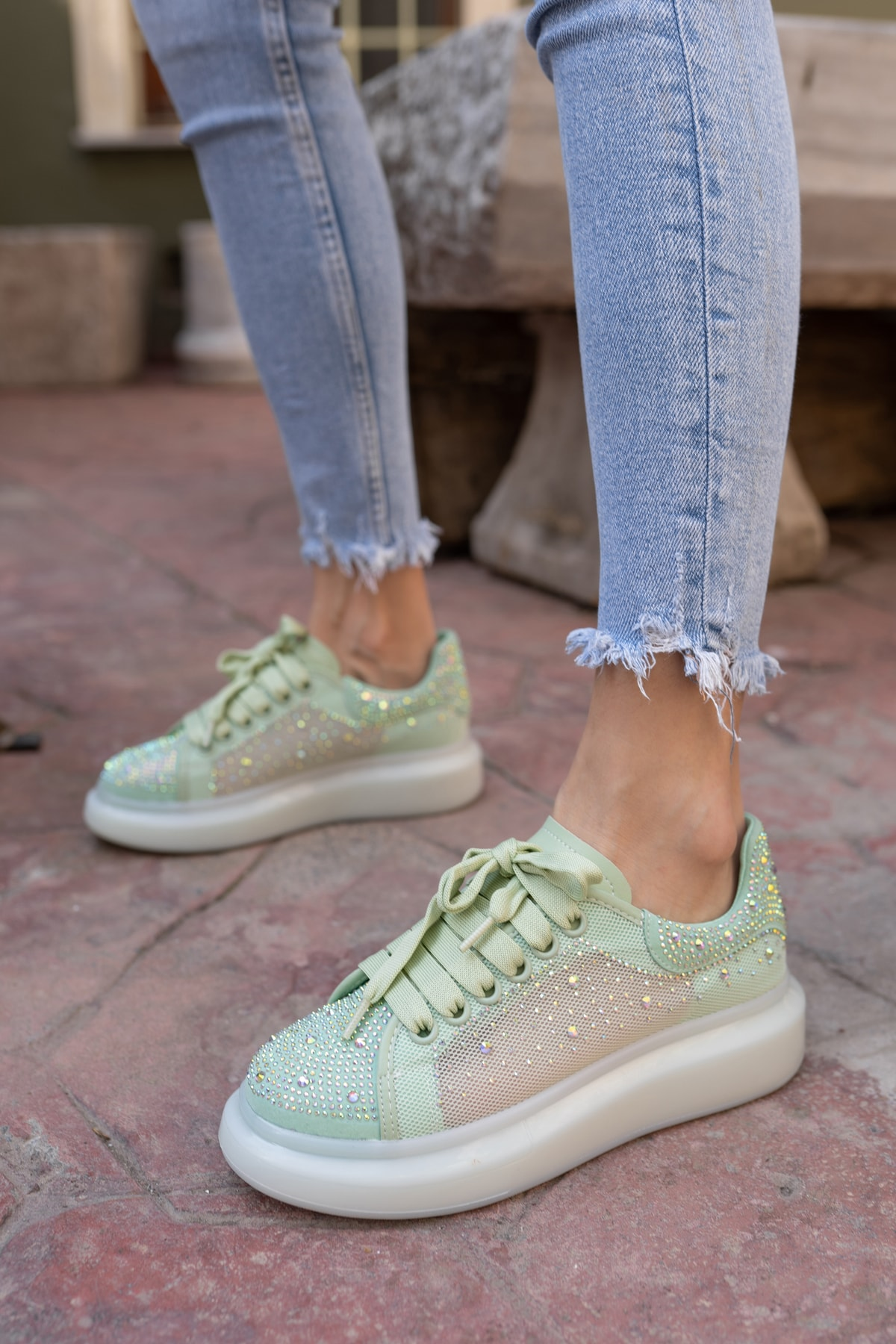 Ellins Kadin Yeşil Taş Detay Sneakers