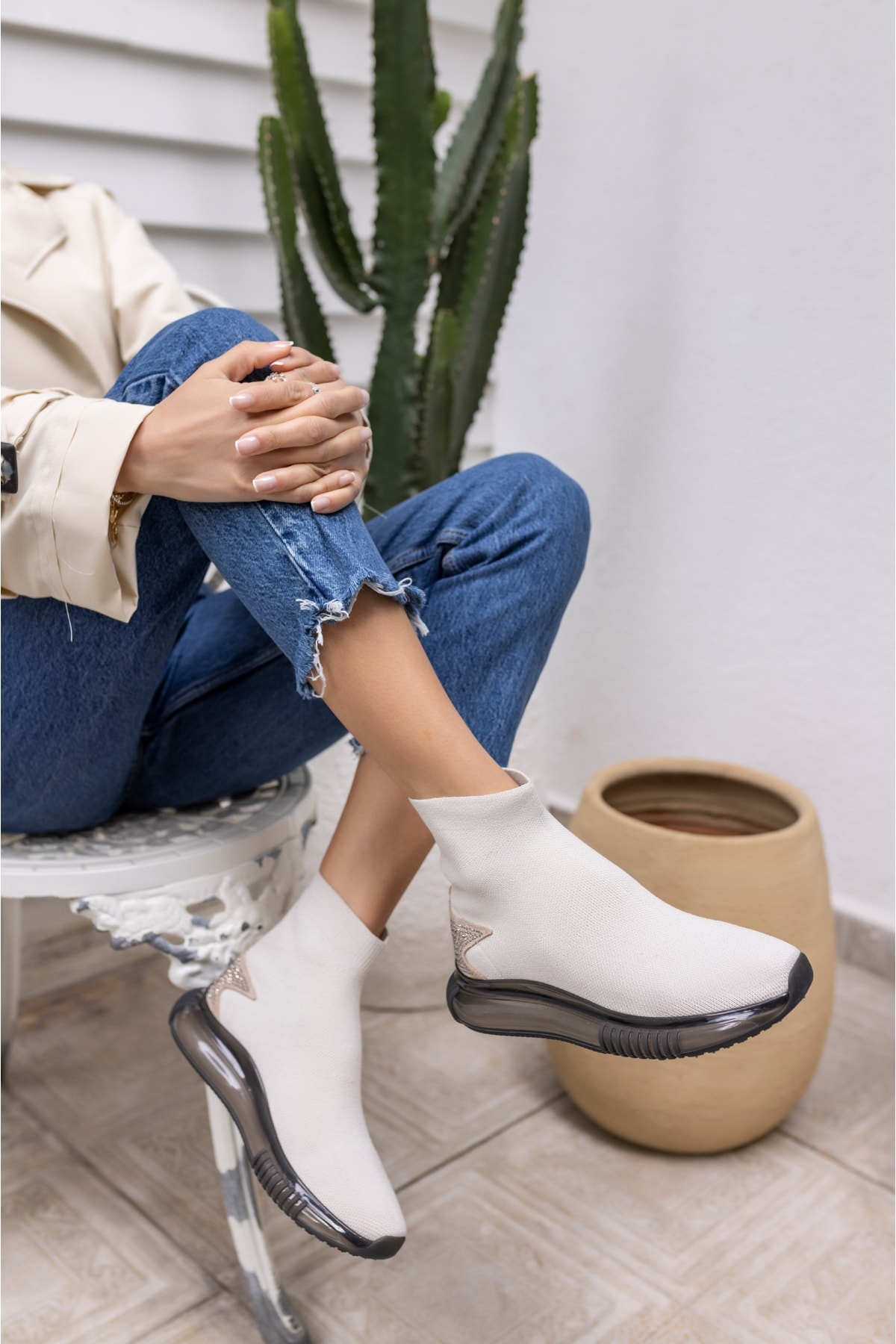 Damlalla Kadın Bej Air Taban Trıko Sneakers Bot