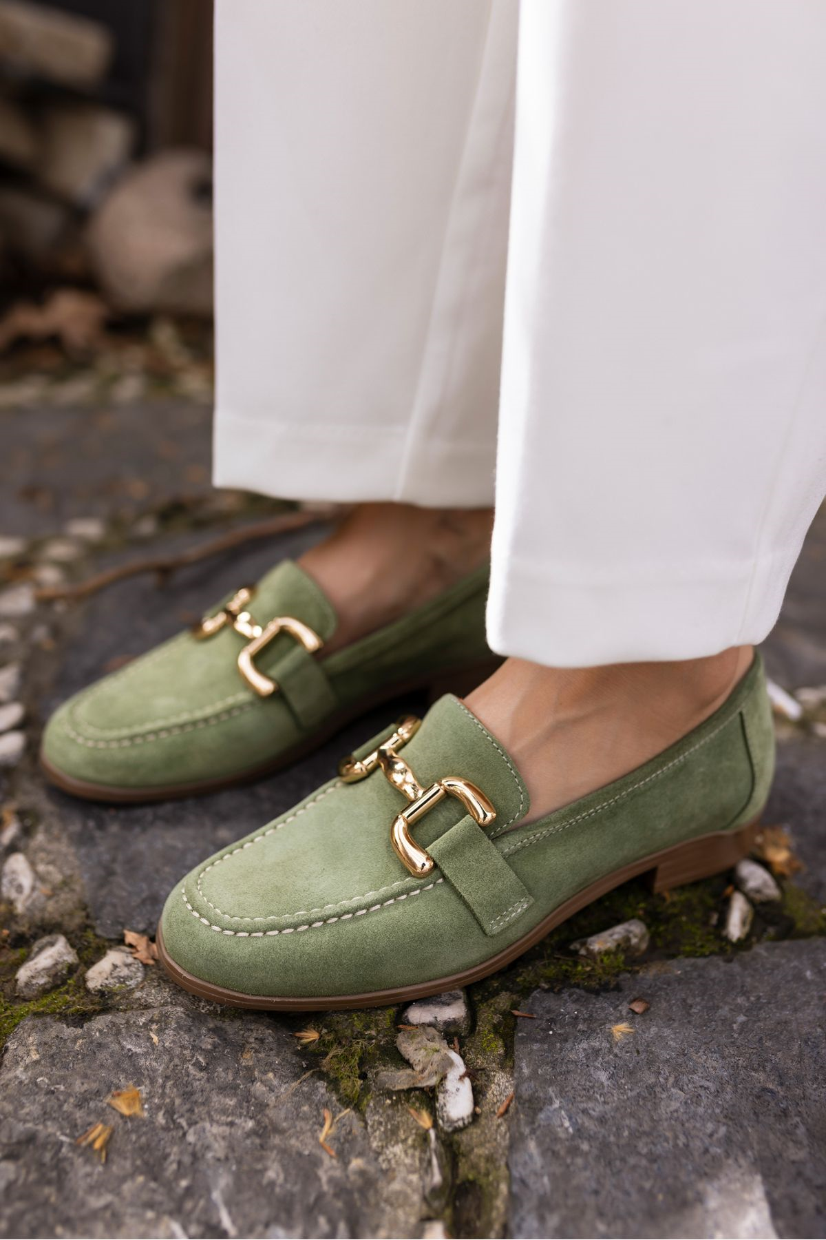 TRİNK KADİN YEŞİL GERCEK DERİ SUET İTHAL TOKA LOAFER AYAKKABİ