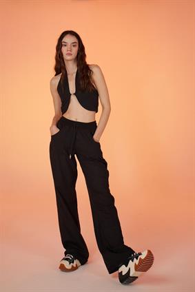 Holly LollyKoton Kumaş Kayışlı Bol Rise Kesim Pantolon Siyah