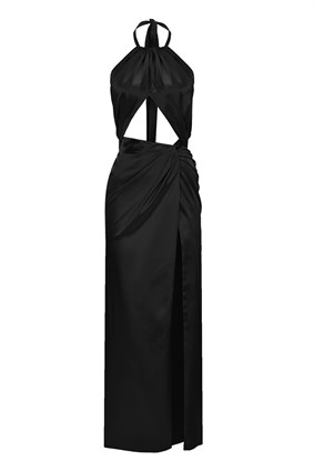 SPRING AFFAIRISLA Kesik Detaylı Siyah Saten Midi Elbise