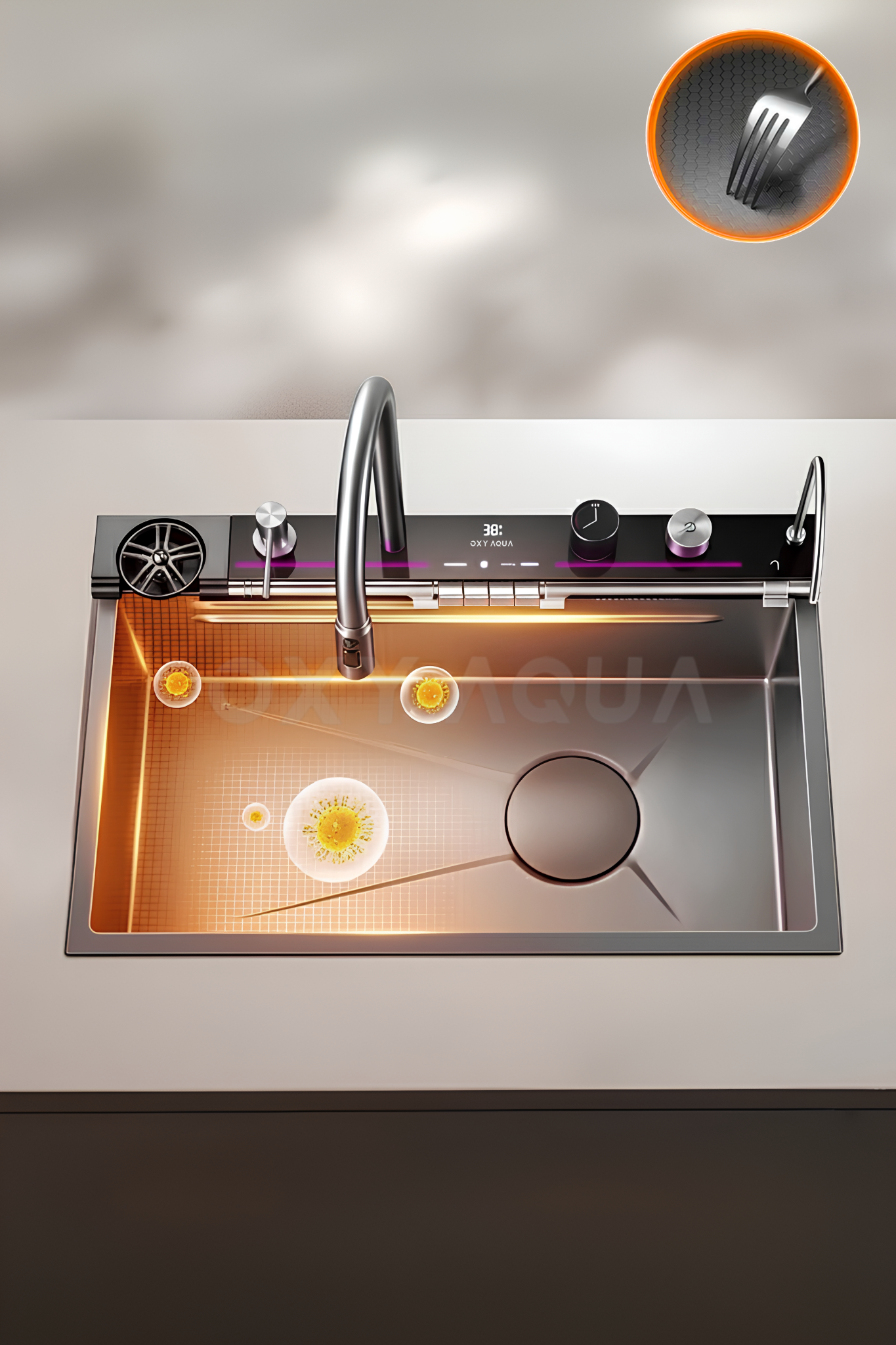 OXY AQUA Premium Akıllı Teknolojik Eviye Seti Paslanmaz Bal Peteği Taban Tüm Aksesuarlar Dahil-honeycomb