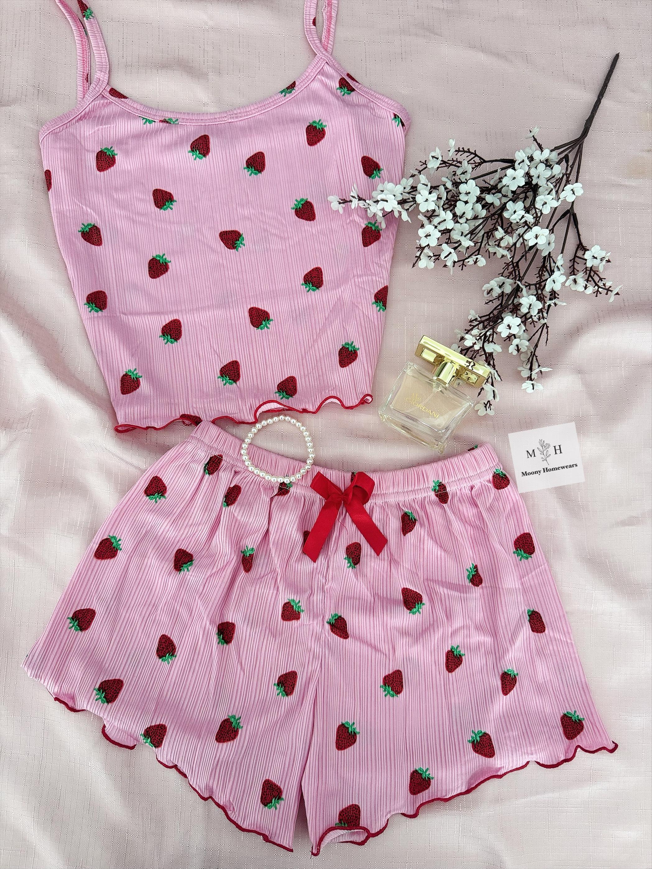 2'li Fitilli Çilek Tarlası Şortlu Yazlık Pijama Takımı