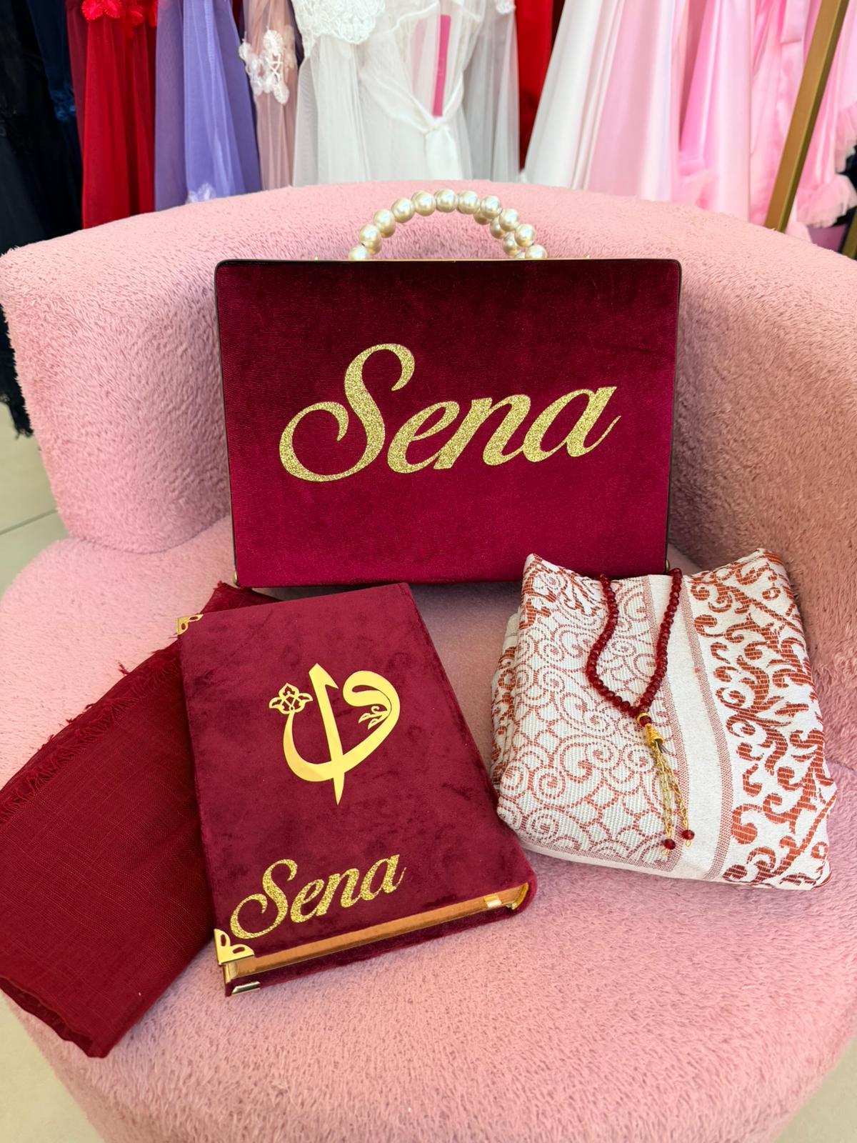 Bordo İsimli Kutulu Kur'an Seccade Şal Tespih Seti