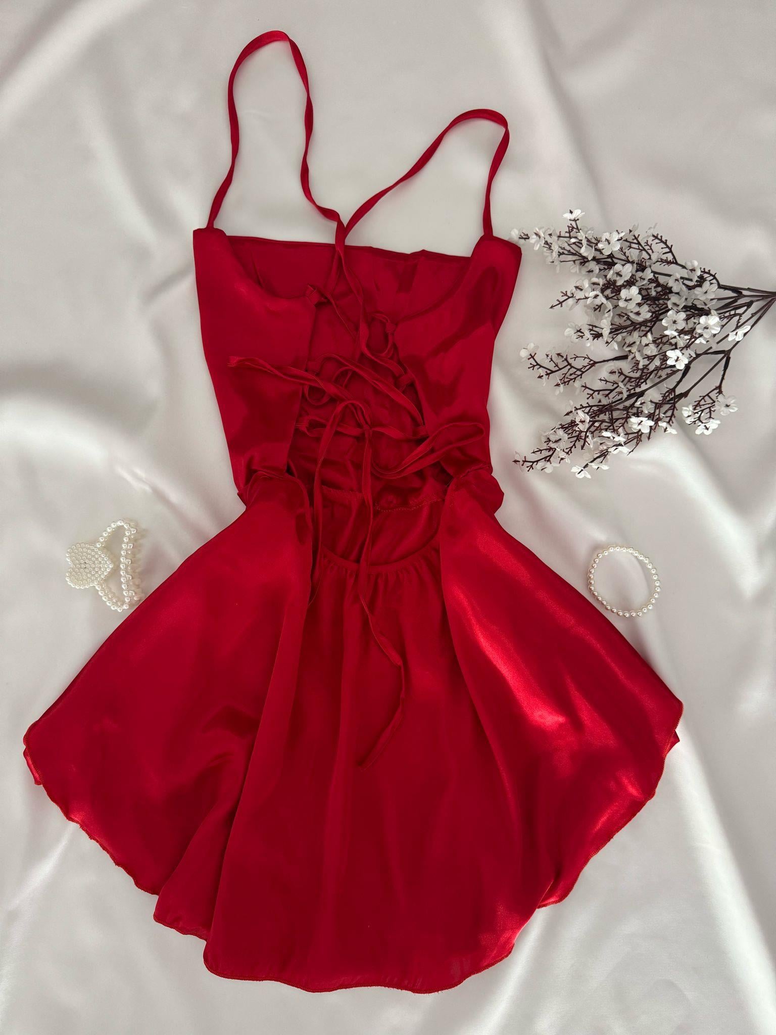 Kırmızı  Macaron Saten Gecelik