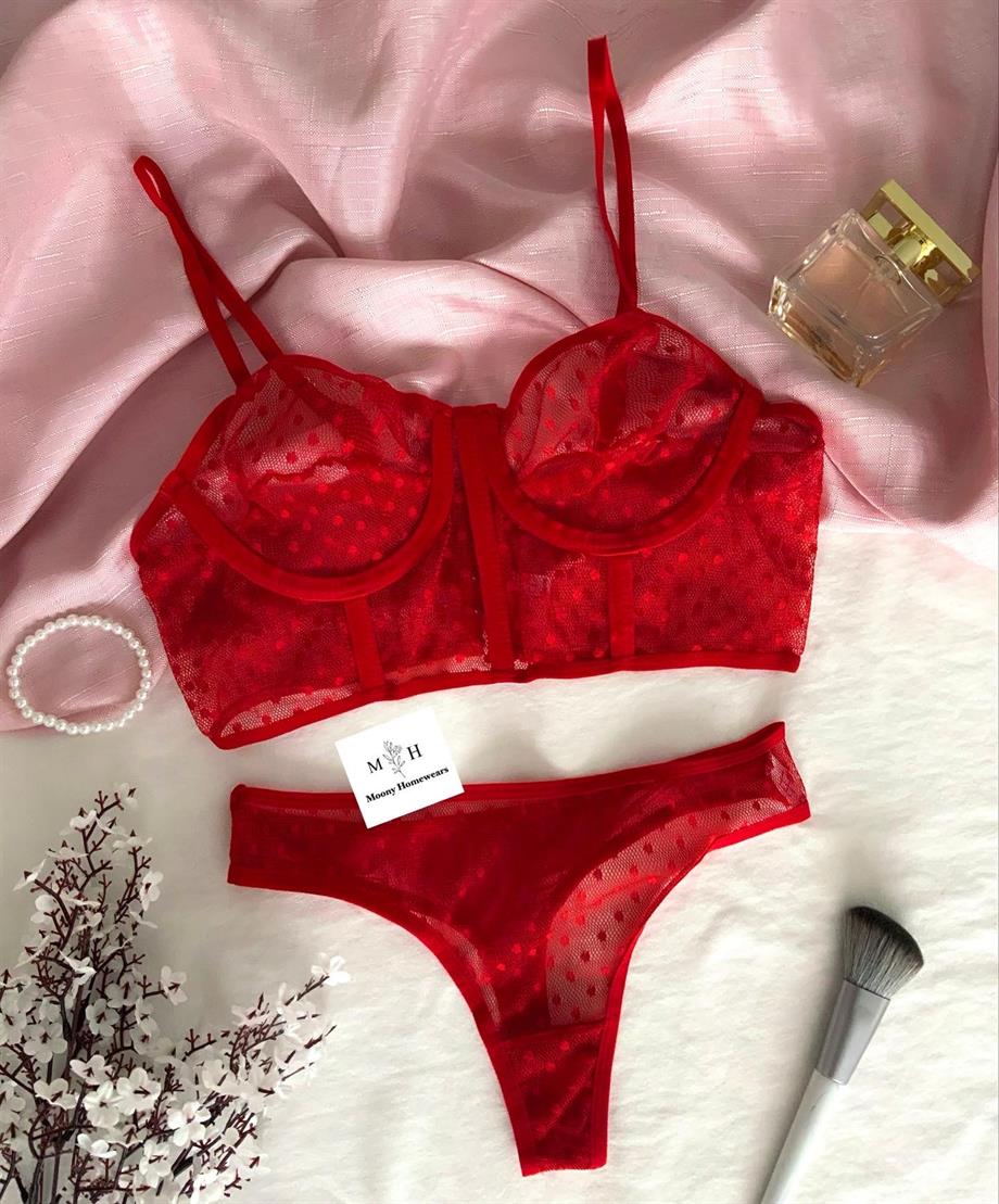 Kırmızı Yarım Korse Bralet Takımı 