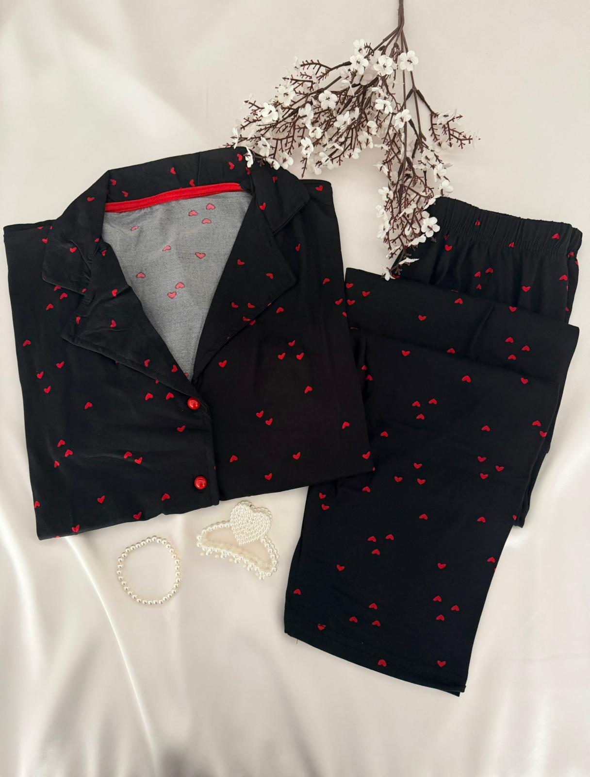 Kısa Kol Kırmızı Kalp Düğmeli Pijama Takımı