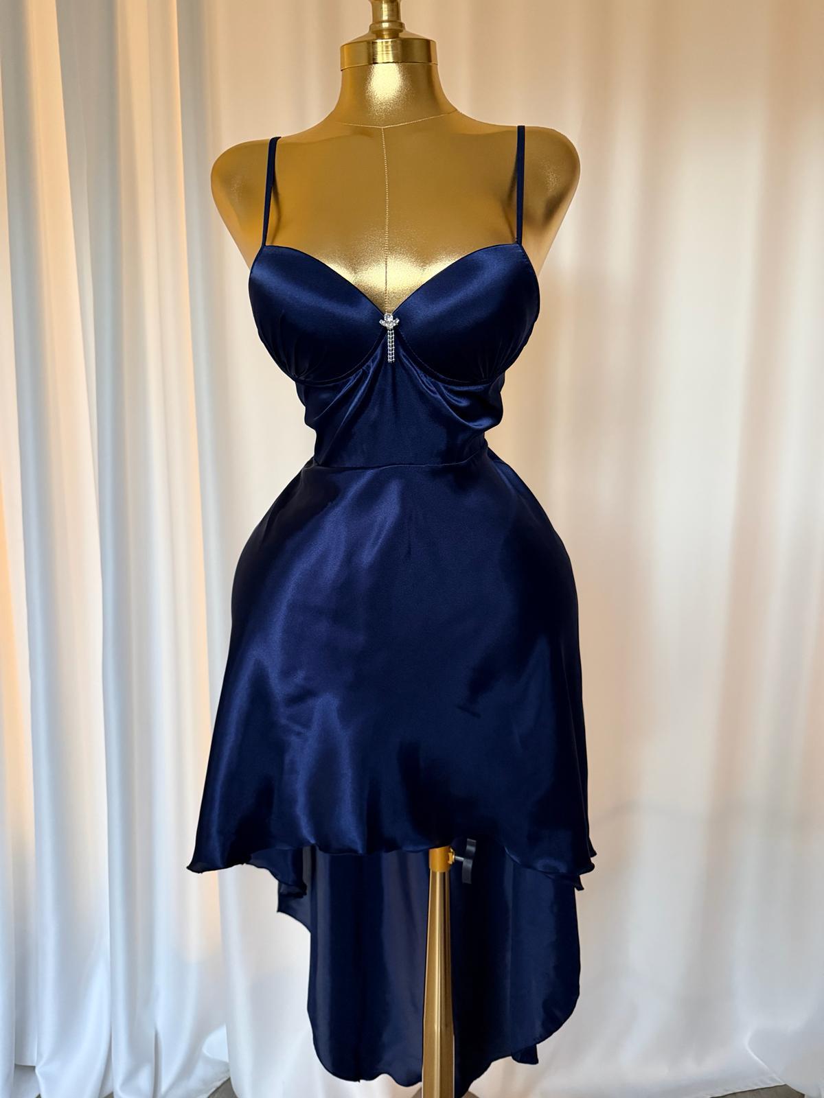 Lacivert Uzun Saten Gecelik