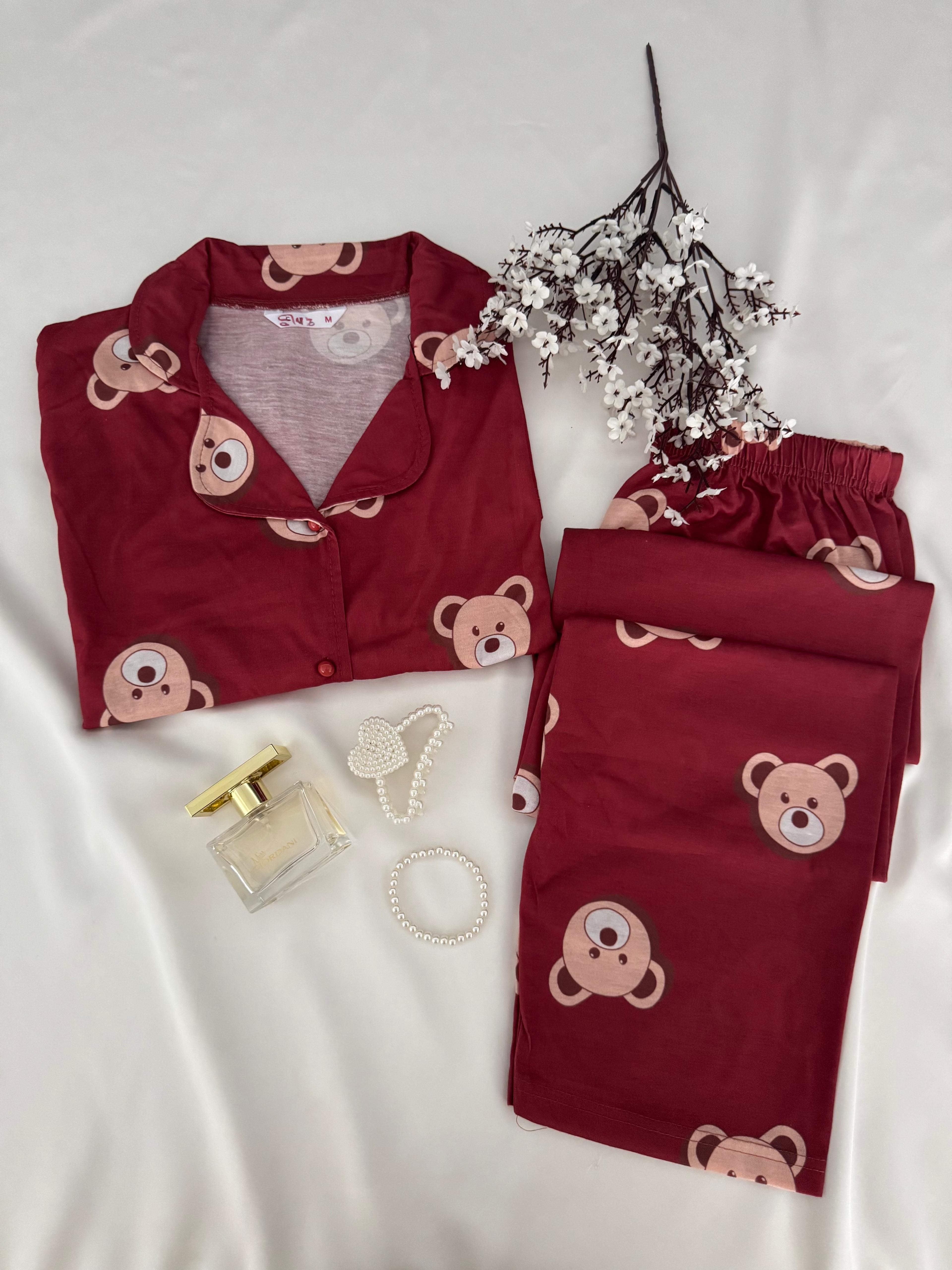 2'li Bordo Ayıcık Pijama Takımı