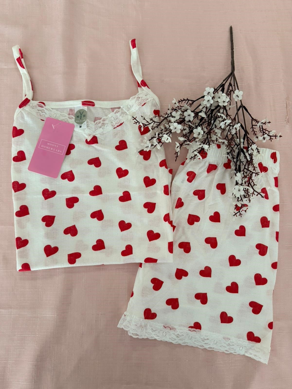 2'li Kırmızı Kalp Askılı Şortlu Yazlık Pijama Takımı