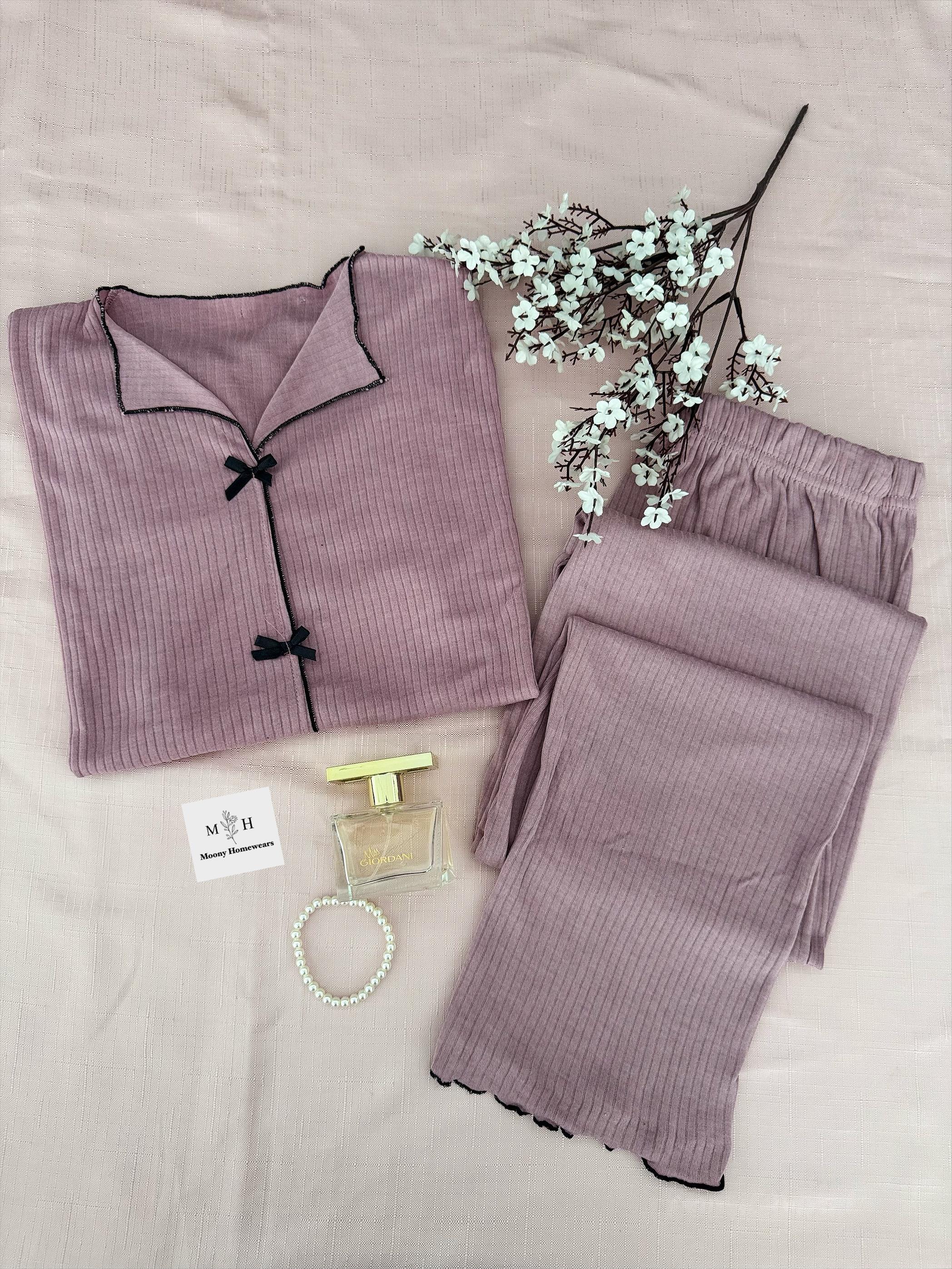 2'li Kurdele Detaylı Gül Kurusu Penye Pijama Takımı