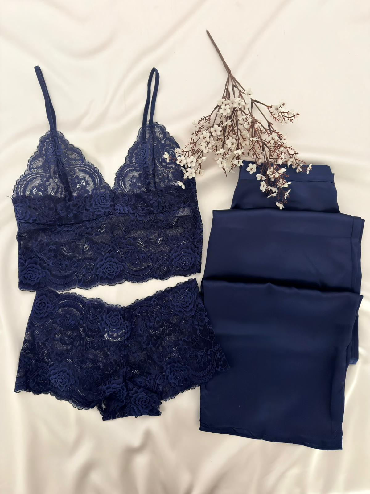 3'lü Degas Lacivert Dantel Üst Saten Alt