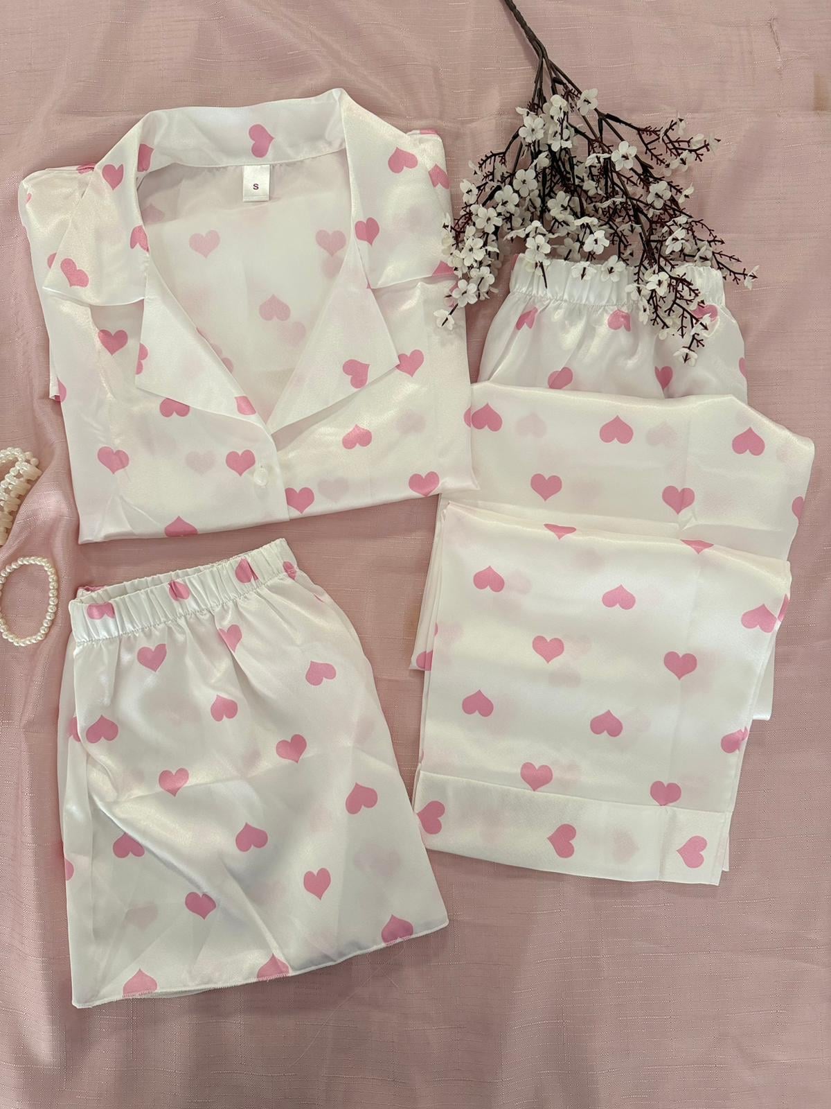 3'lü Mentos Pembe Kalpli Saten Pijama Takımı 