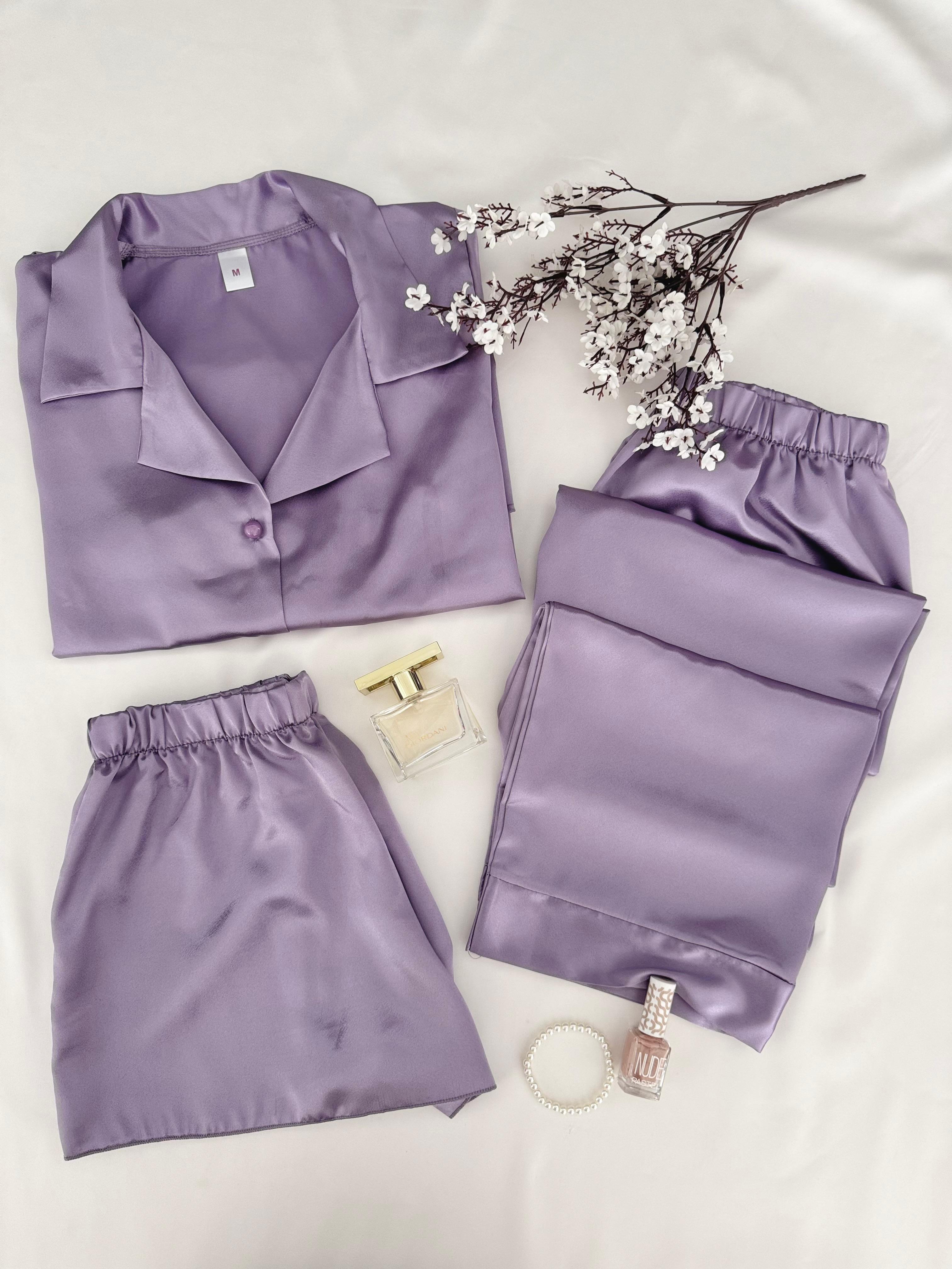 3'lü Saten Lila Pijama Takımı