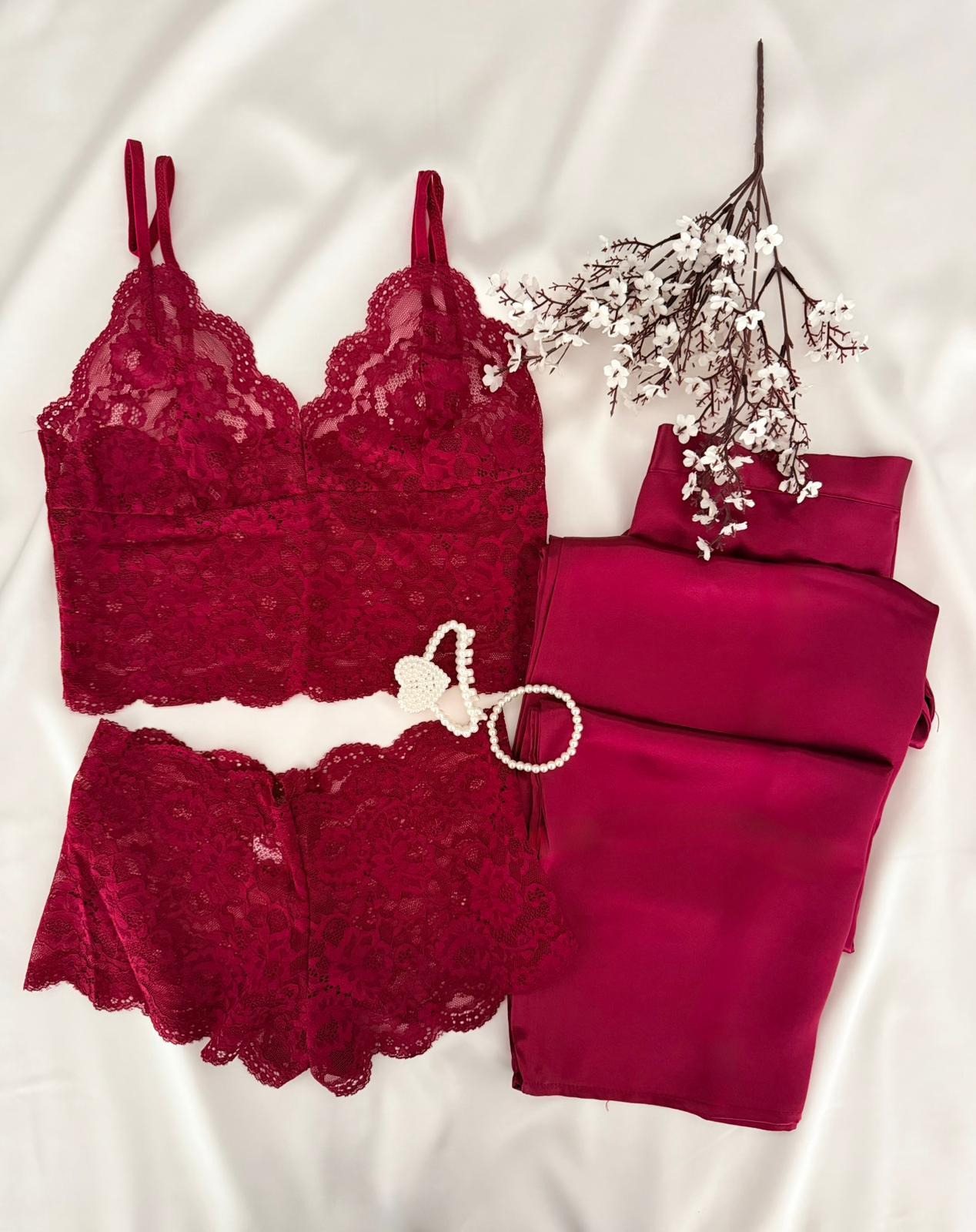 3'lü Velvet Bordo Dantel Üst Saten Alt