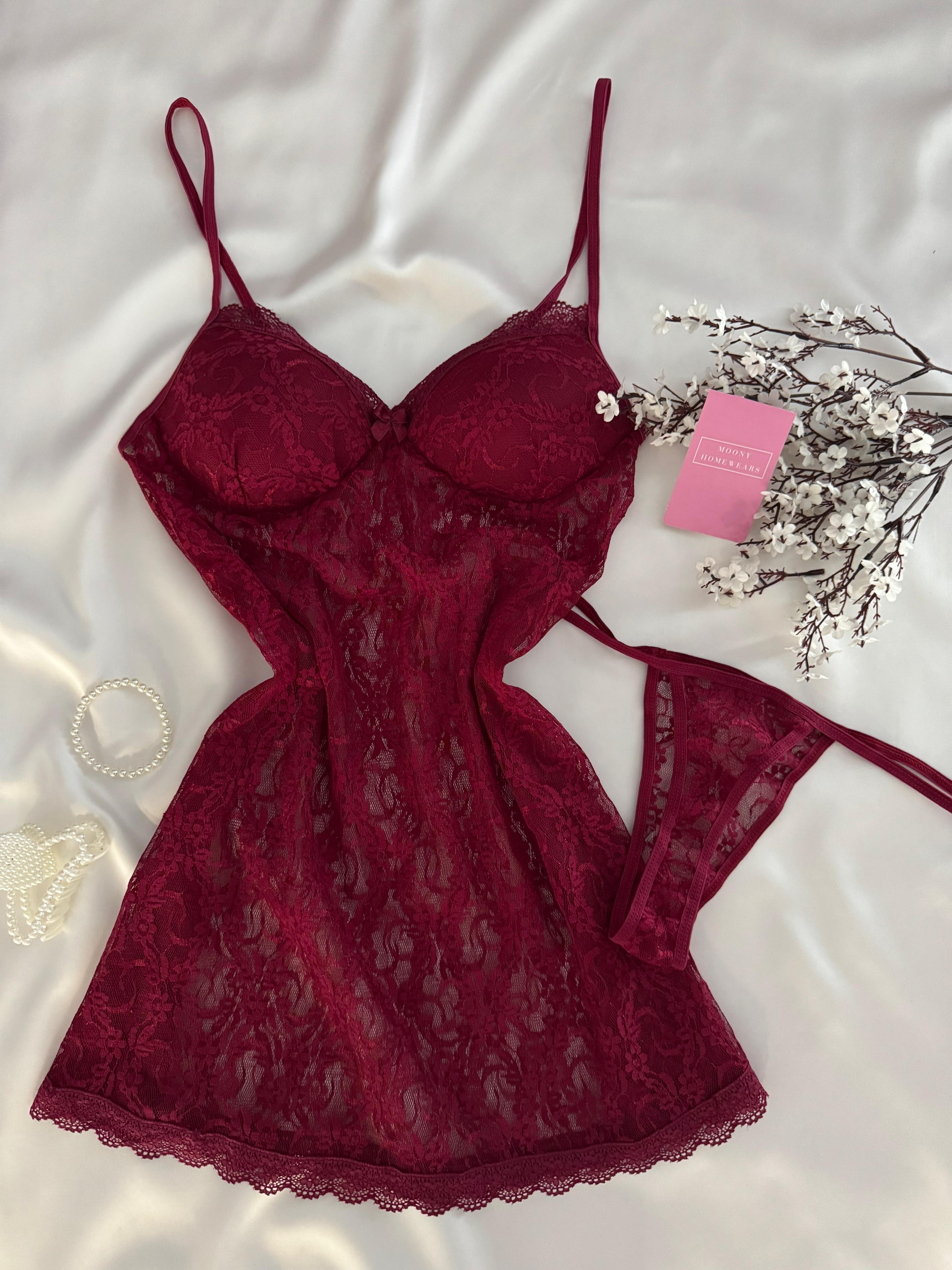 Beuty Bordo Dantel  Gecelik Tanga