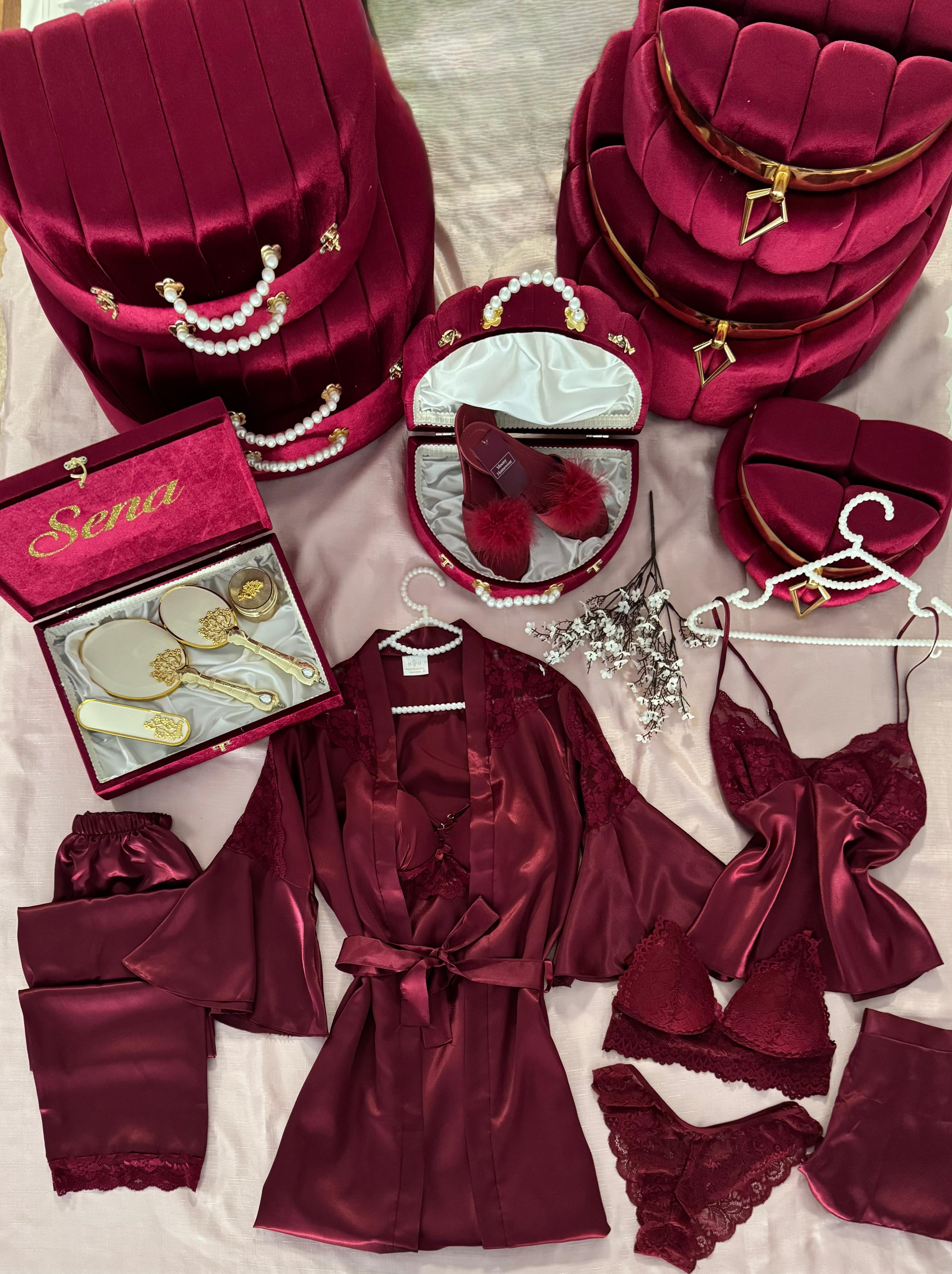 Bordo Mega Bohça Seti İsme Özel