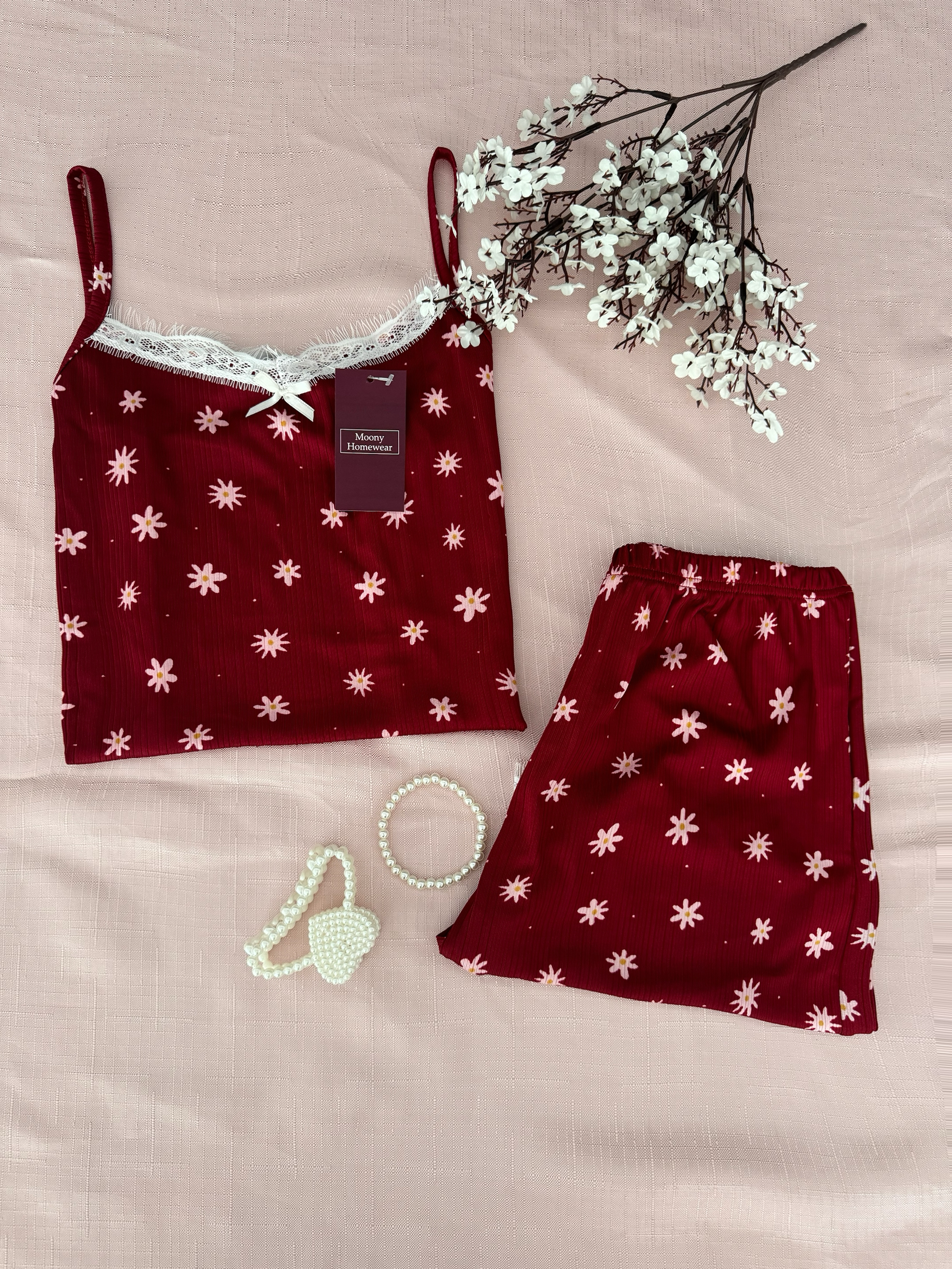 Bordo Papatyalı Şortlu Takım