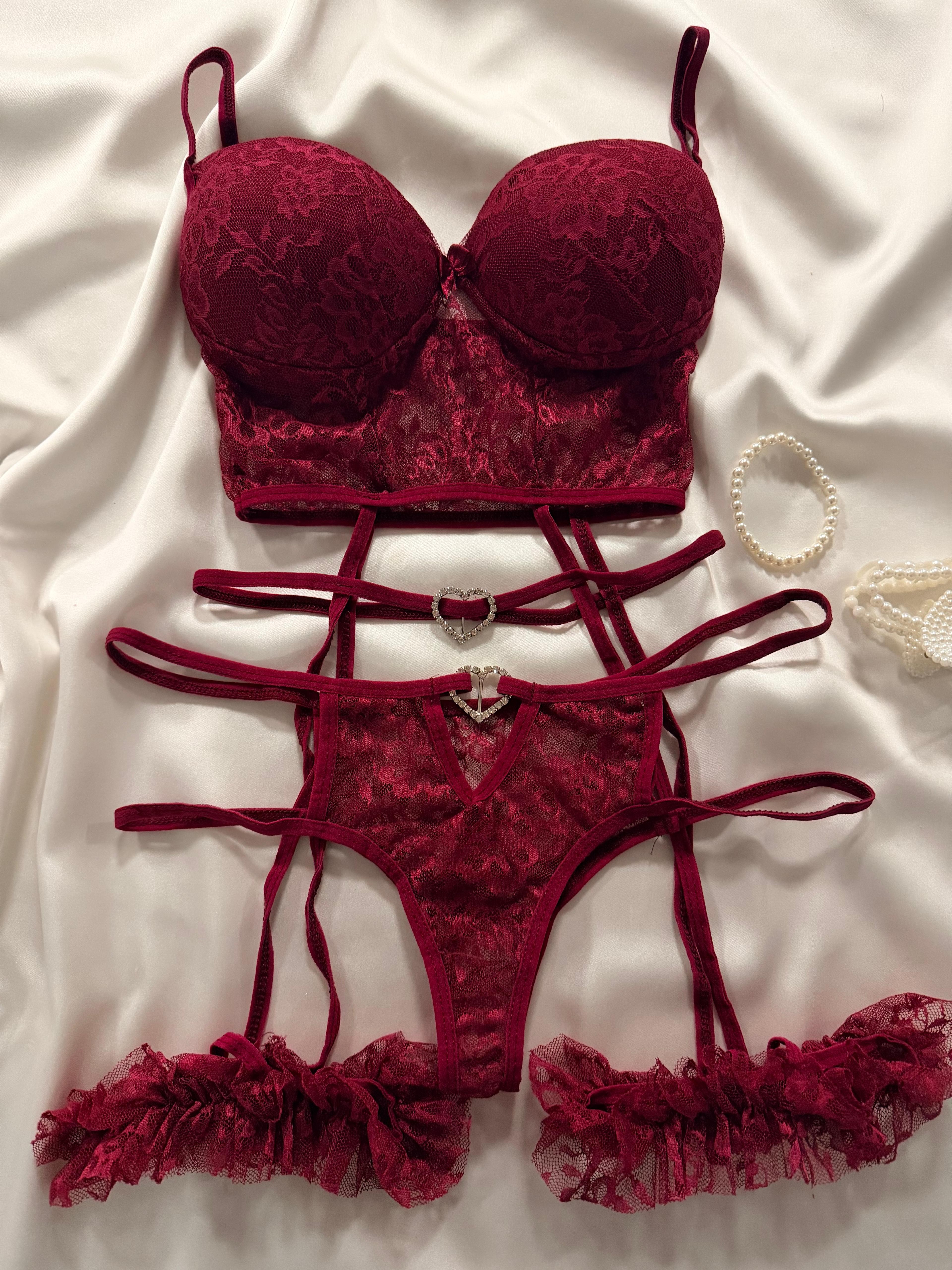 Bordo Taş Detaylı Bordo Jartiyer Set