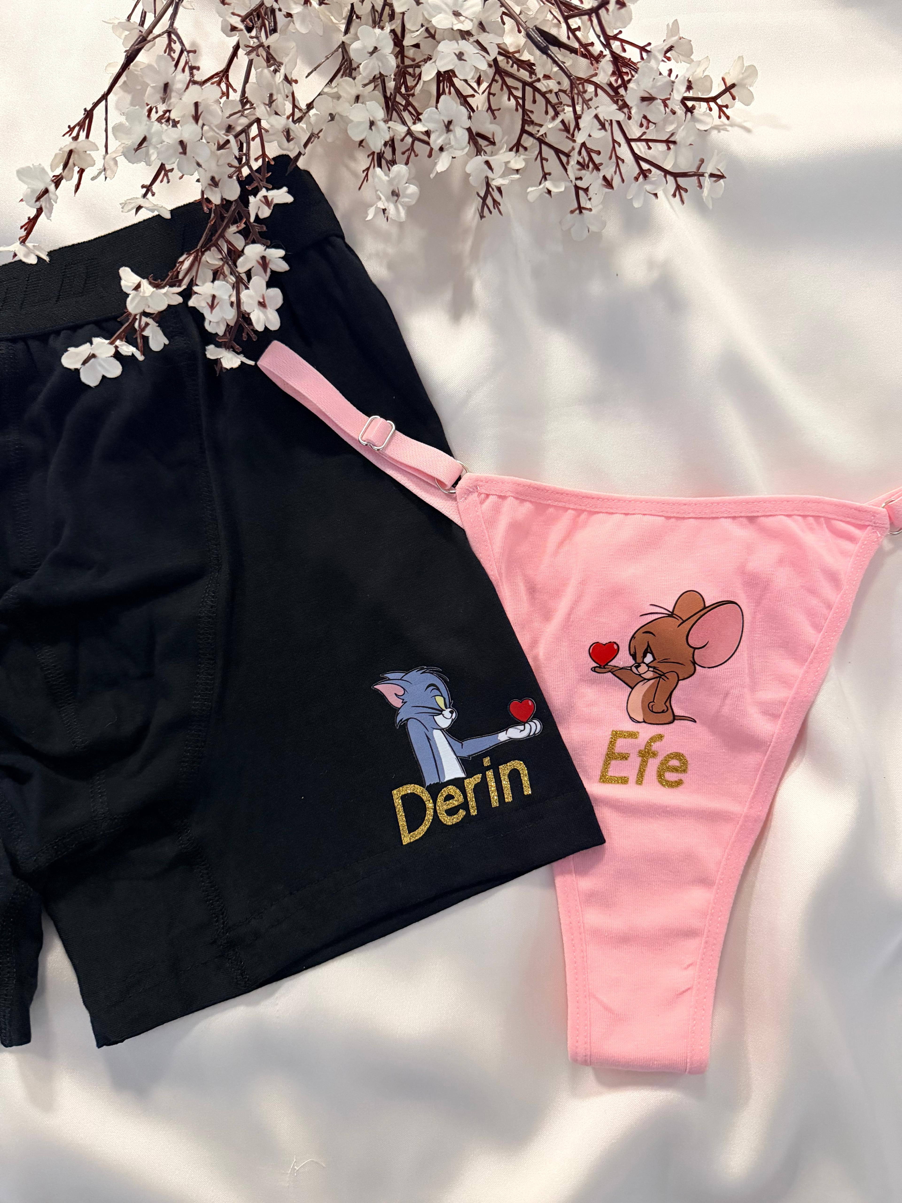 İsme Özel  Boxer Tanga Fare Kedi Çift Çamaşırı 