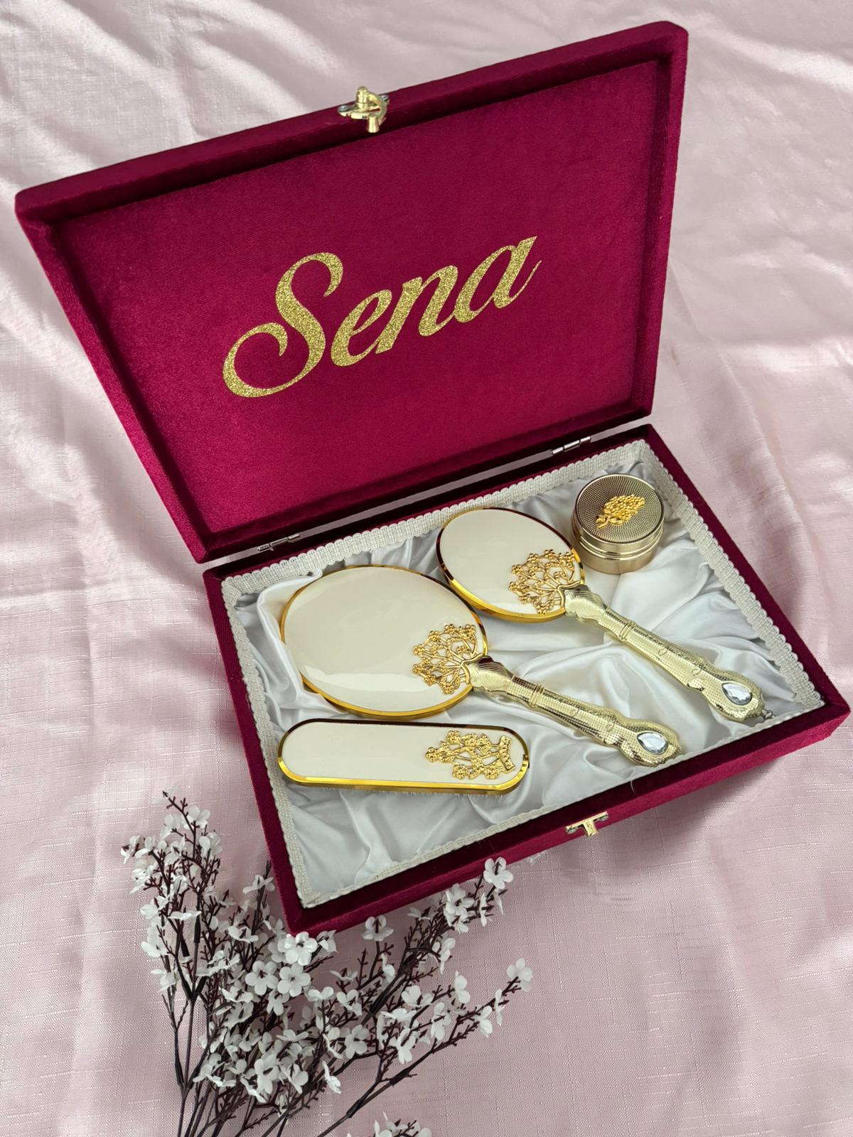 İsme Özel Kadife Kutulu Bordo Ayna Tarak Seti