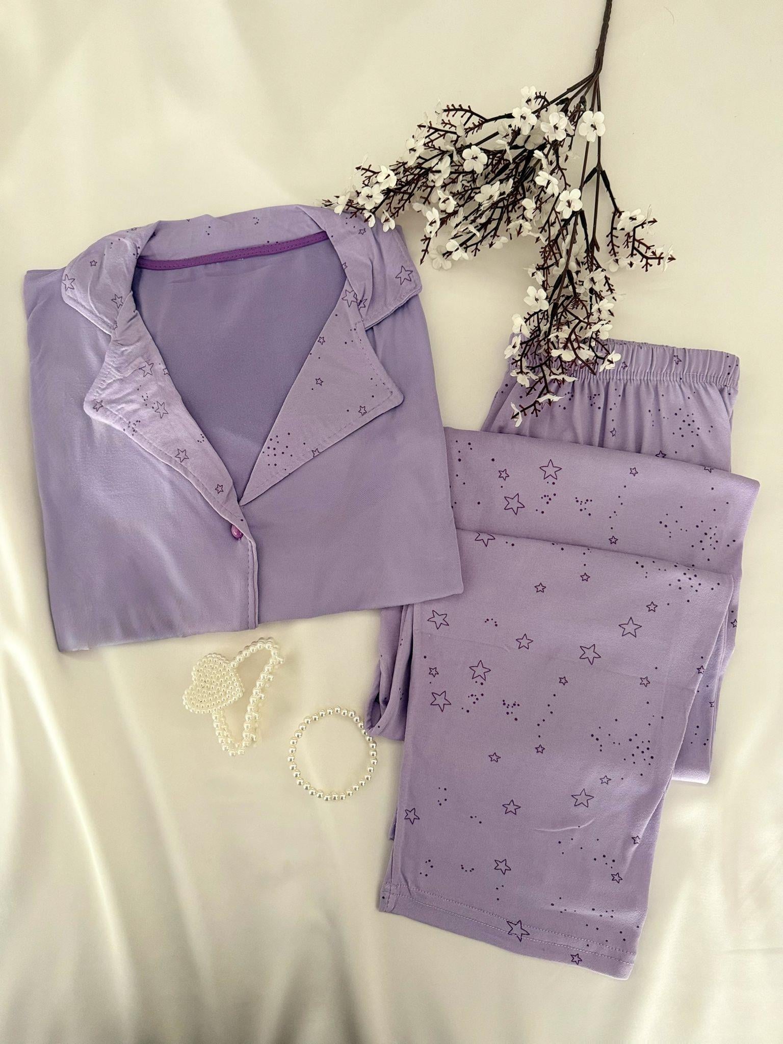 Kısa Kol Lila Yıldız Düğmeli Pijama Takımı