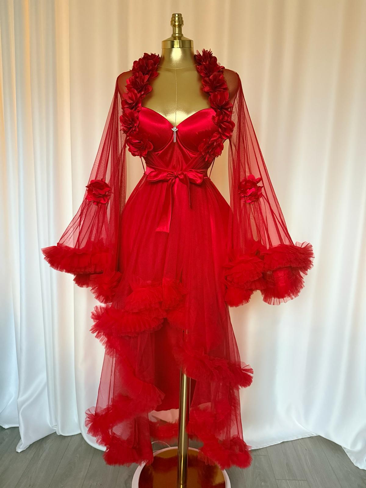 Kutulu Hellespontos Kırmızı Uzun Gecelik Sabahlık