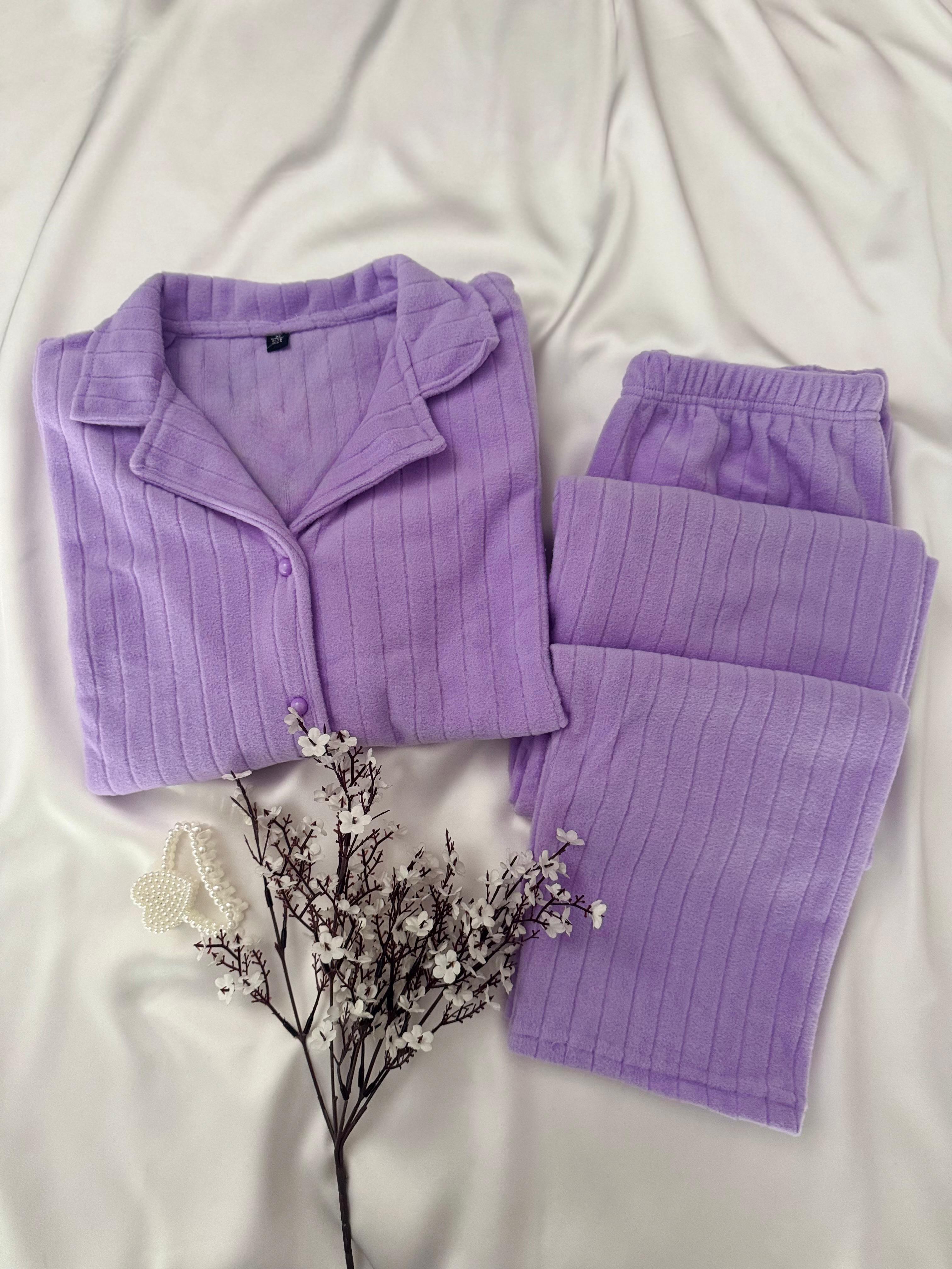Lila Muhteşem Şık Kışlık Termal Polar Kumaş Pijama Takımı