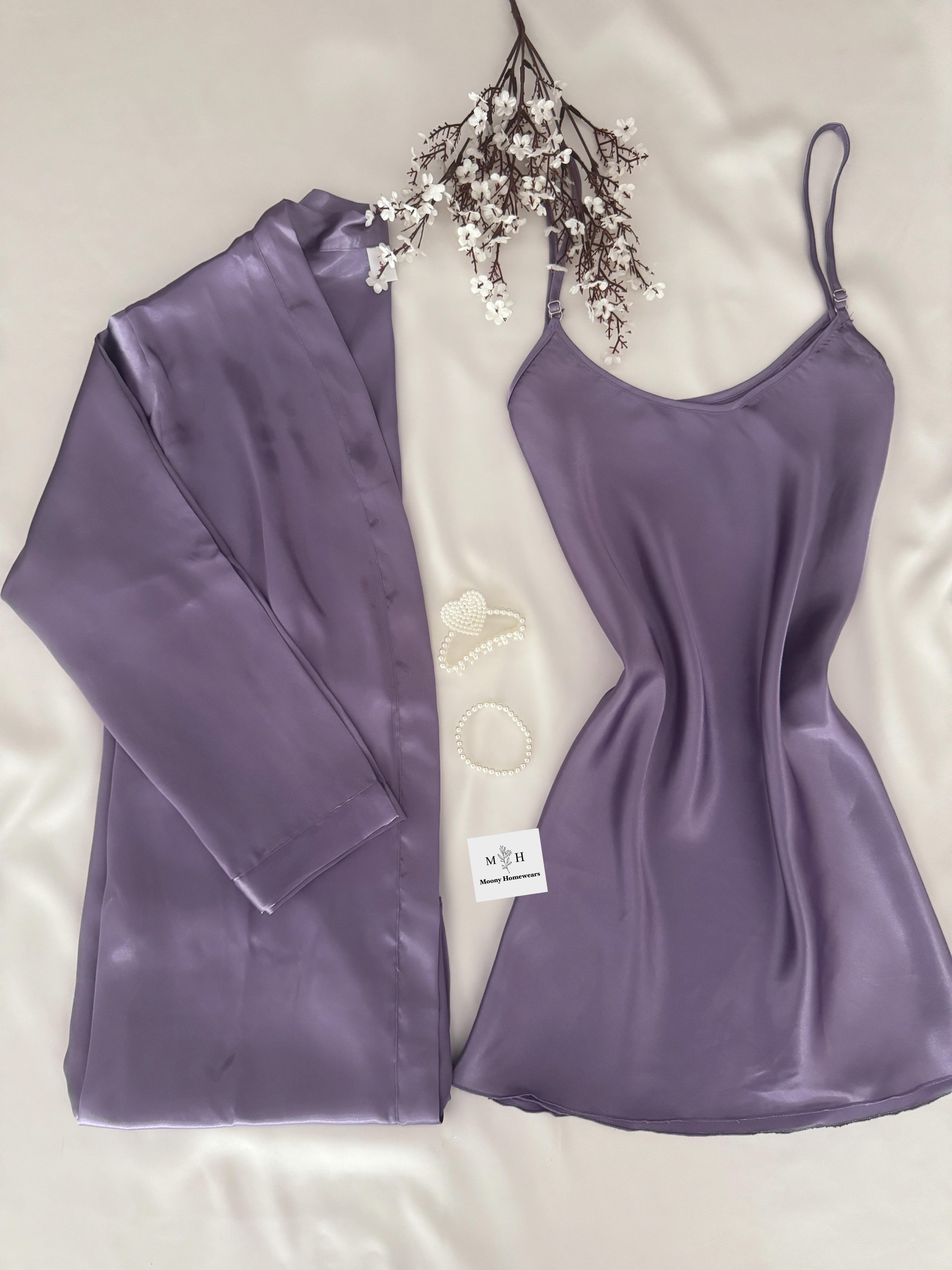 Lila Saten Gecelik Sabahlık Takımı