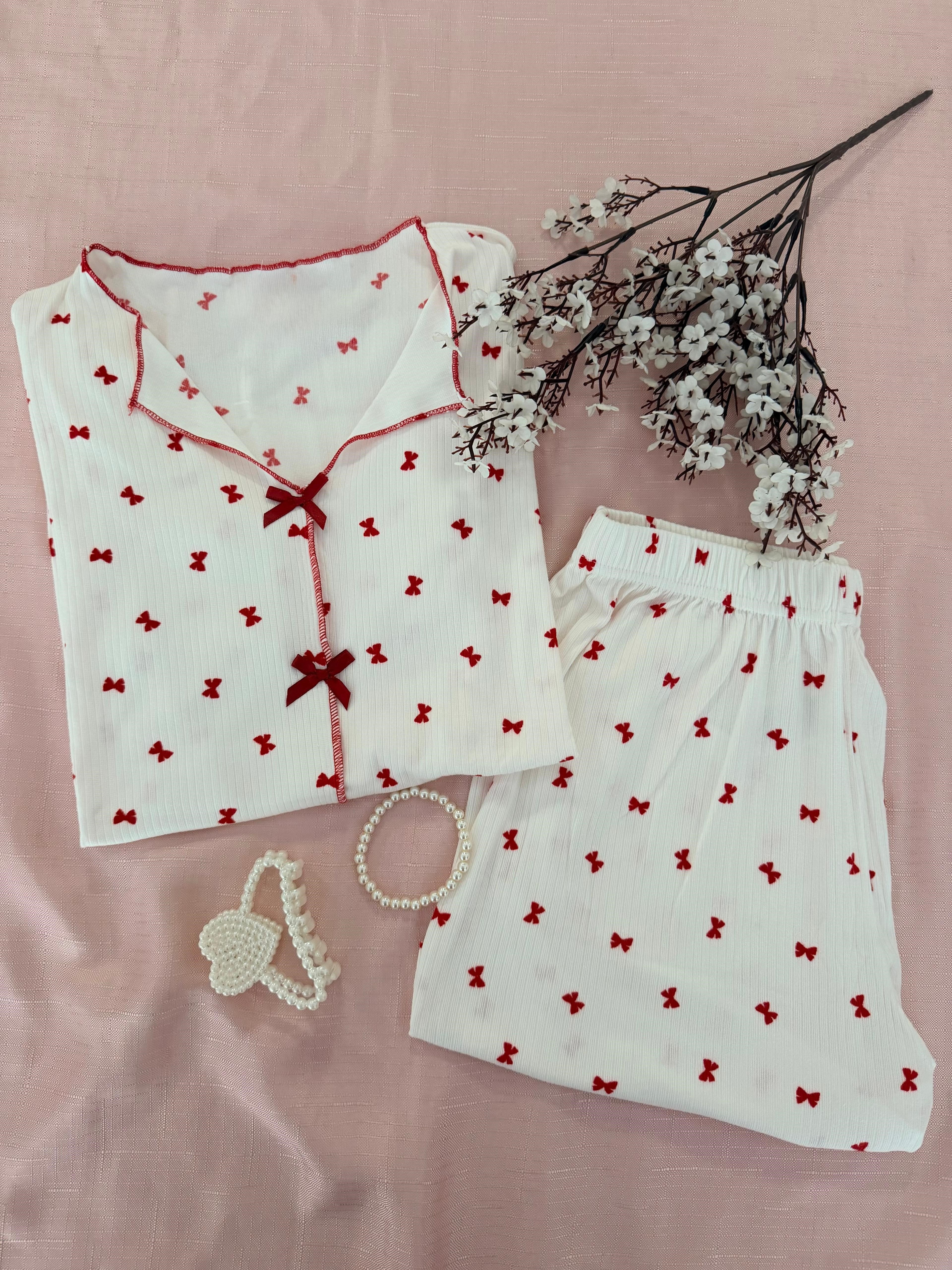 Markie Kımızı Kurdele Kısa Kol Şortlu Yazlık Pijama Takımı