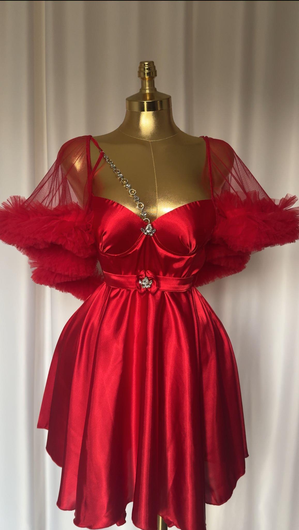 Oriantel Kırmızı Kol Detaylı Gecelik