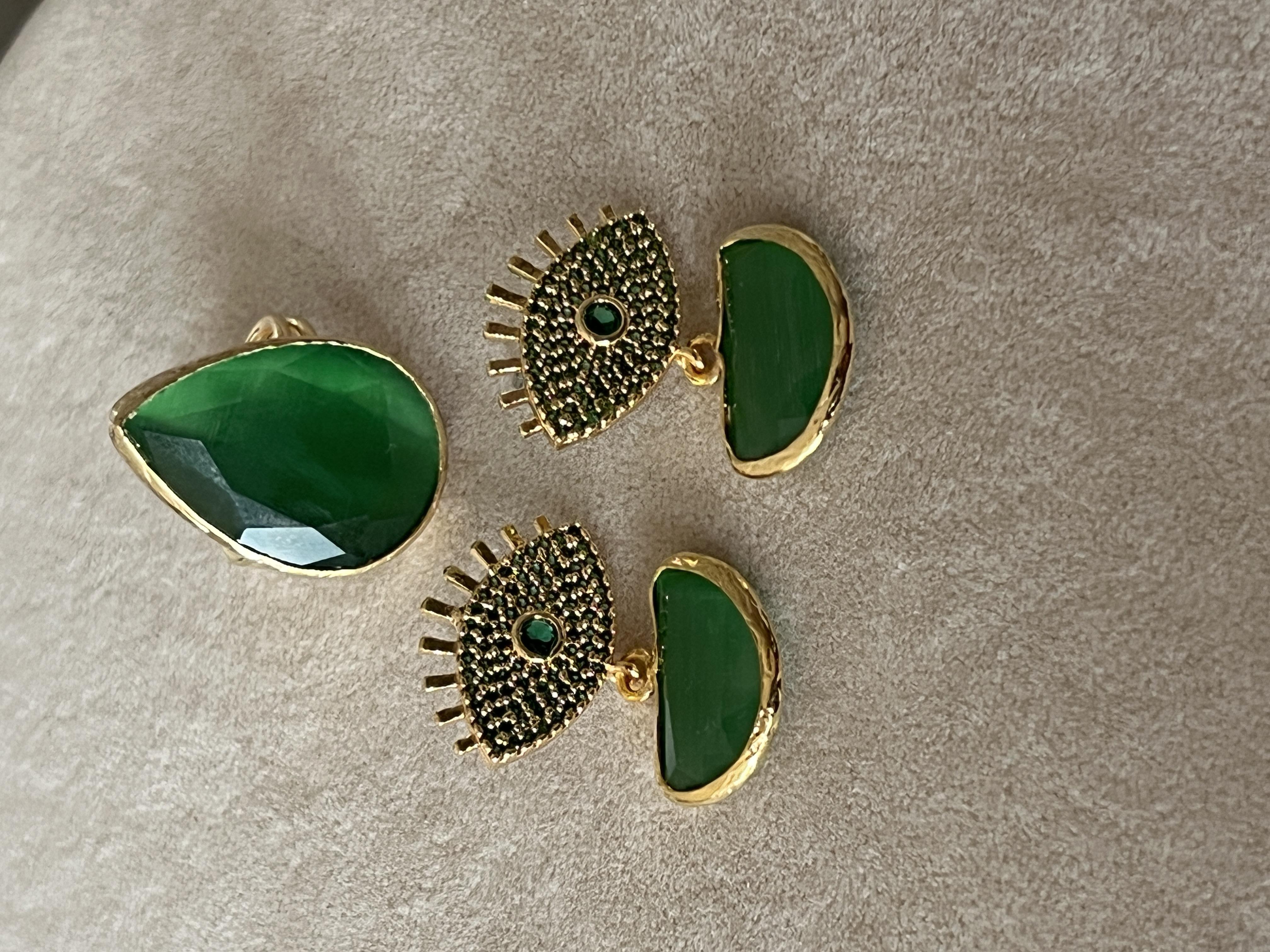 Cat Eye Küpe ve Yüzük  Seti