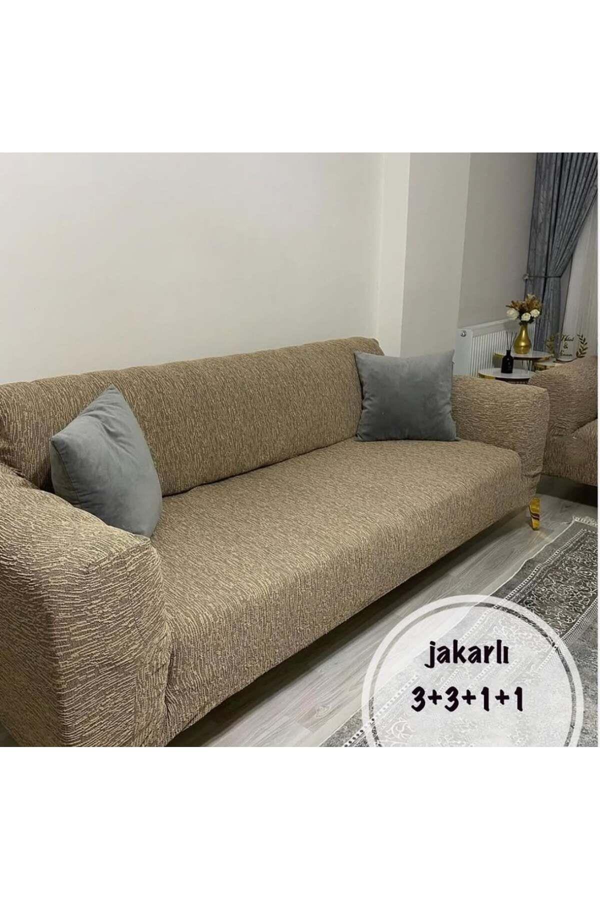 Jakarlı 3 3 1 1 Lastikli Kanepe Örtüsü | Lastikli Koltuk Örtüsü | Koltuk Kılıfı Takımı