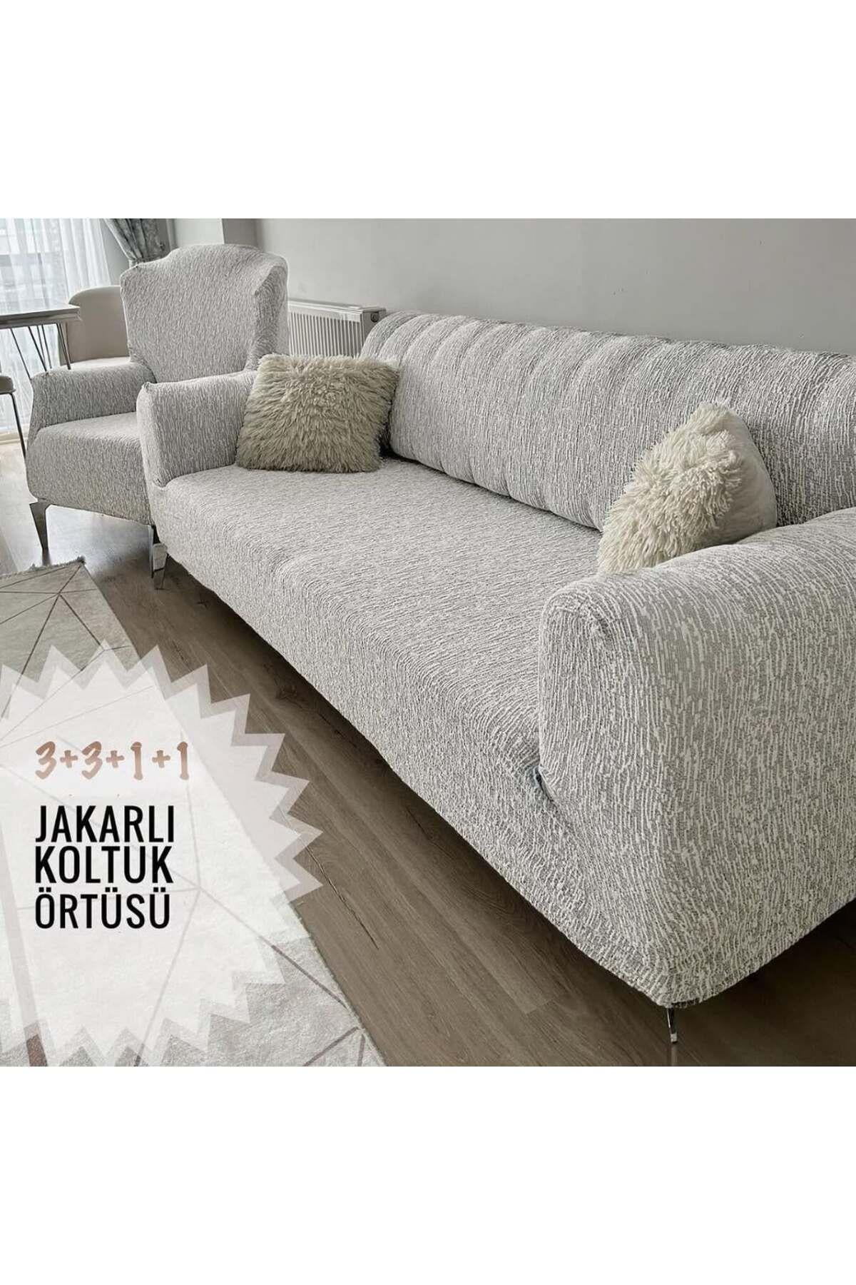 Jakarlı 3 3 1 1 Lastikli Kanepe Örtüsü | Lastikli Koltuk Örtüsü | Koltuk Kılıfı Takımı